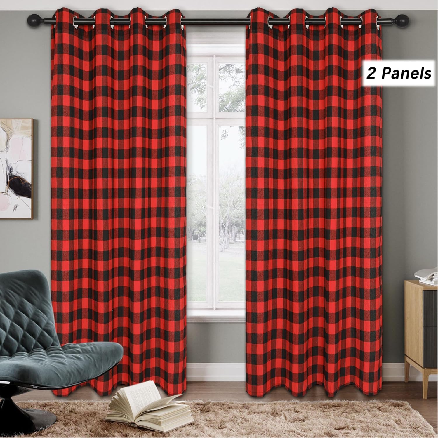 Buffalo Plaid Window Curtains for Living Room Red Black Check Farmhouse Home Decor Grommet Light Filtering Window Treatment Curtain Drapery, 2 Panels, 52 x 63 Inch