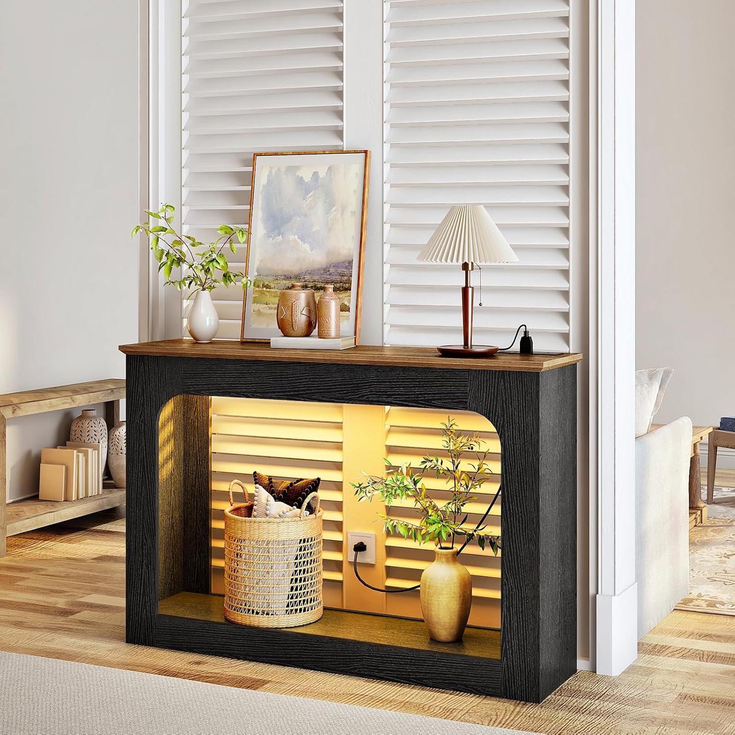 47.2” Long Console Table, Narrow Entryway Table with Charging Station and LED Lights, 2-Tier Farmhouse Behind Couch Table with Storage, Light Walnut and Black MXG02UDBL