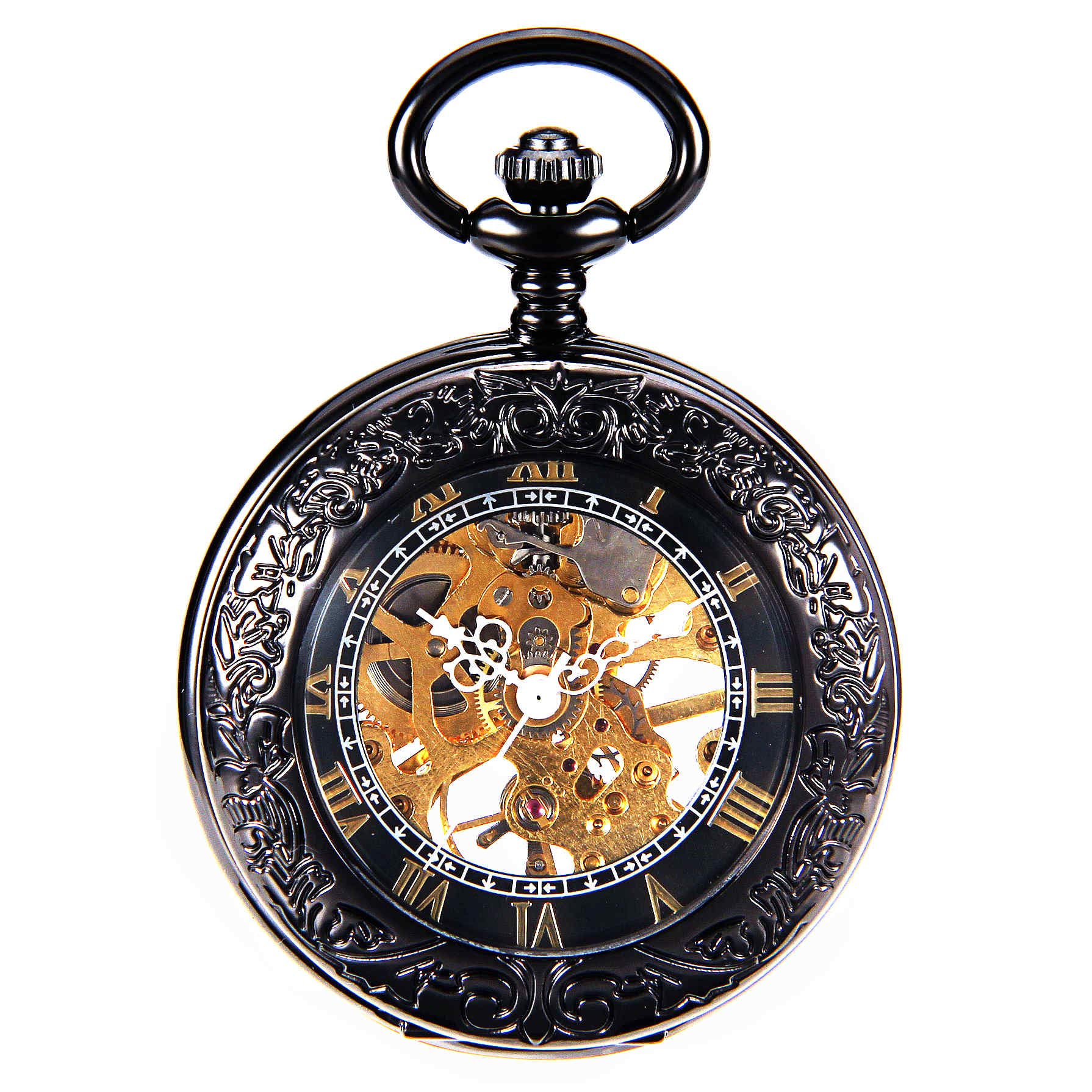 Steampunk Vintage Roman Litery Design Case Mechaniczny zegarek kieszonkowy z łańcuszkami na prezenty świąteczne, Czarny