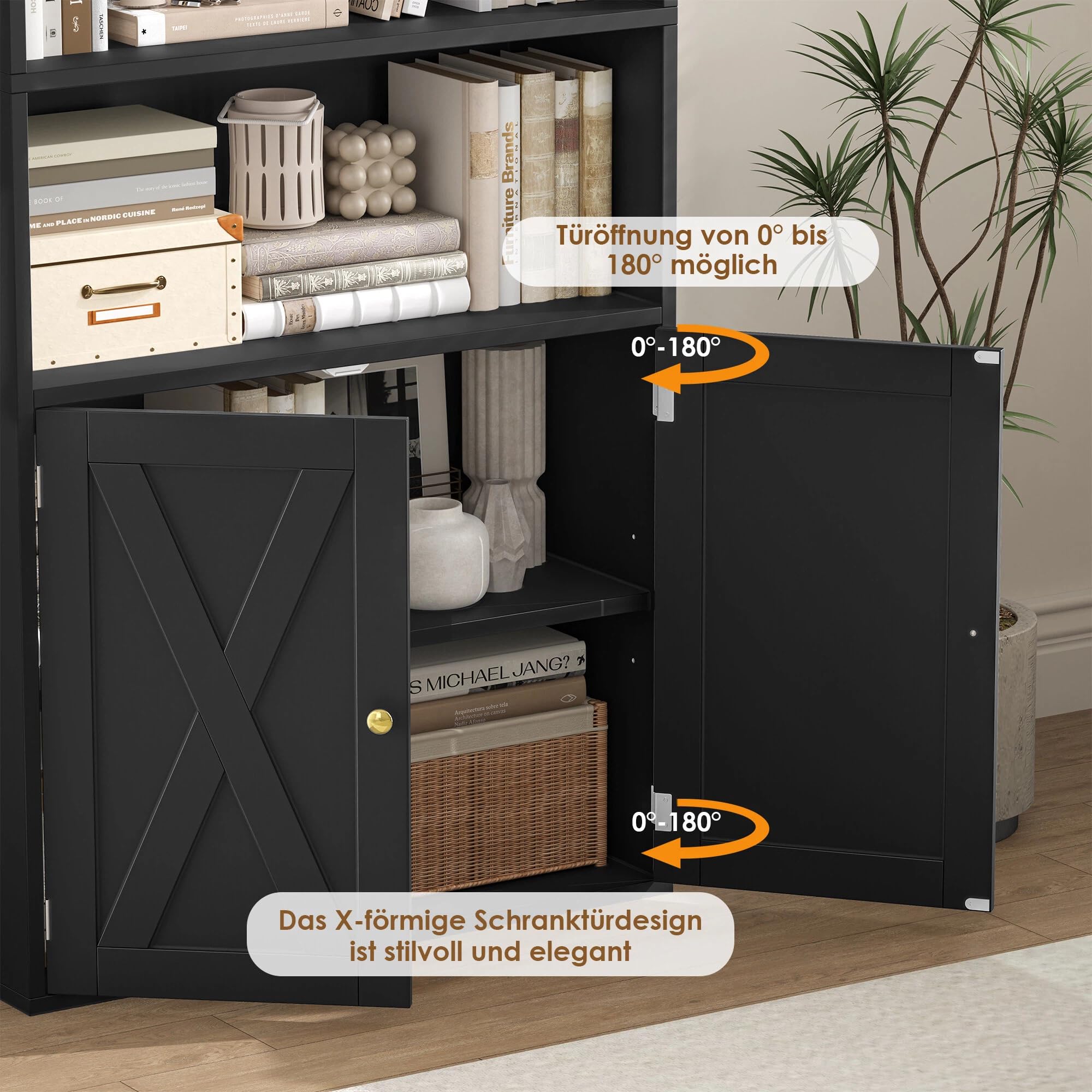 FirFurd 209 cm Bücherregal Bücherschrank mit 2 Türen 7 Ebenen Standregal | Hochschrank mit verstellbarer Ablage, Mehrzweckschrank für Wohnzimmer Büro Küche, 60 x 23,5 x 209 cm, schwarz