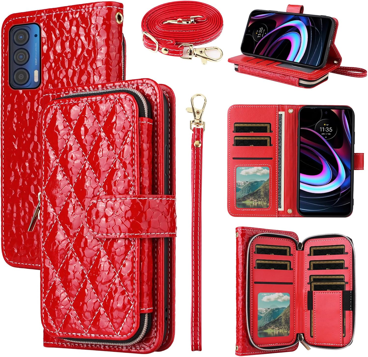 Argyle Wallet Case for Motorola Moto Edge 2021/MotoEdge 5G UW 2021 with Crossbody/Wrist Strap Luxury PU Leather Kickstand Zipper Purse Shockproof Card Holder Cell Phone Cover for XT2141-1 Red