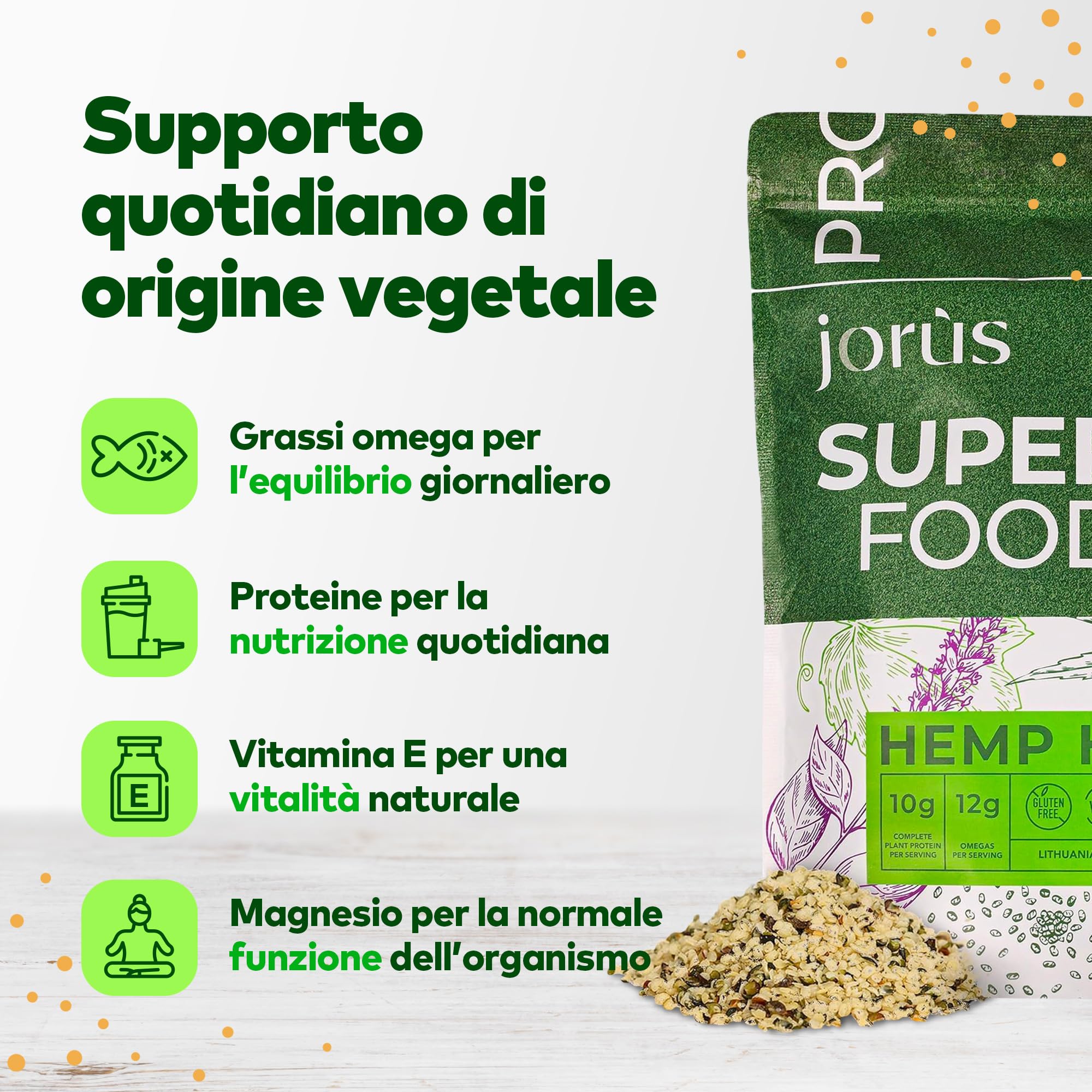 Jorus Semi di Canapa Decorticati 500 g – 100% Naturali, Ricchi di Proteine e Omega 3 e 6, Senza Glutine, Vegetariano