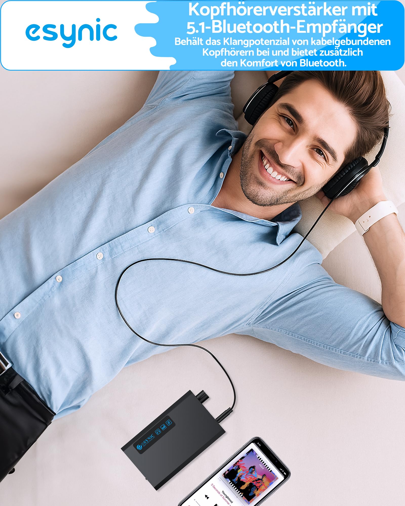 eSynic Tragbarer Kopfhörerverstärker mit Bluetooth 5.1 Empfänger Zwei-Phasen Gain-Schalter, HiFi 3.5mm AUX-Eingang 16-300Ωfür MP3, MP4-Player, Mobiltelefone, Computer, CD-Player usw.