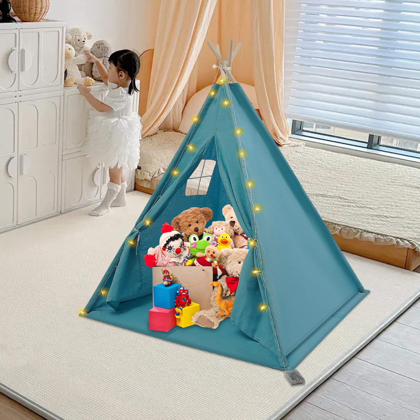 Tipi Tenda per Bambini con Tappetino e Catena Luminosa, Pieghevole in Cotone, Casetta Giocattolo 120 x 120 x 140 cm Blu