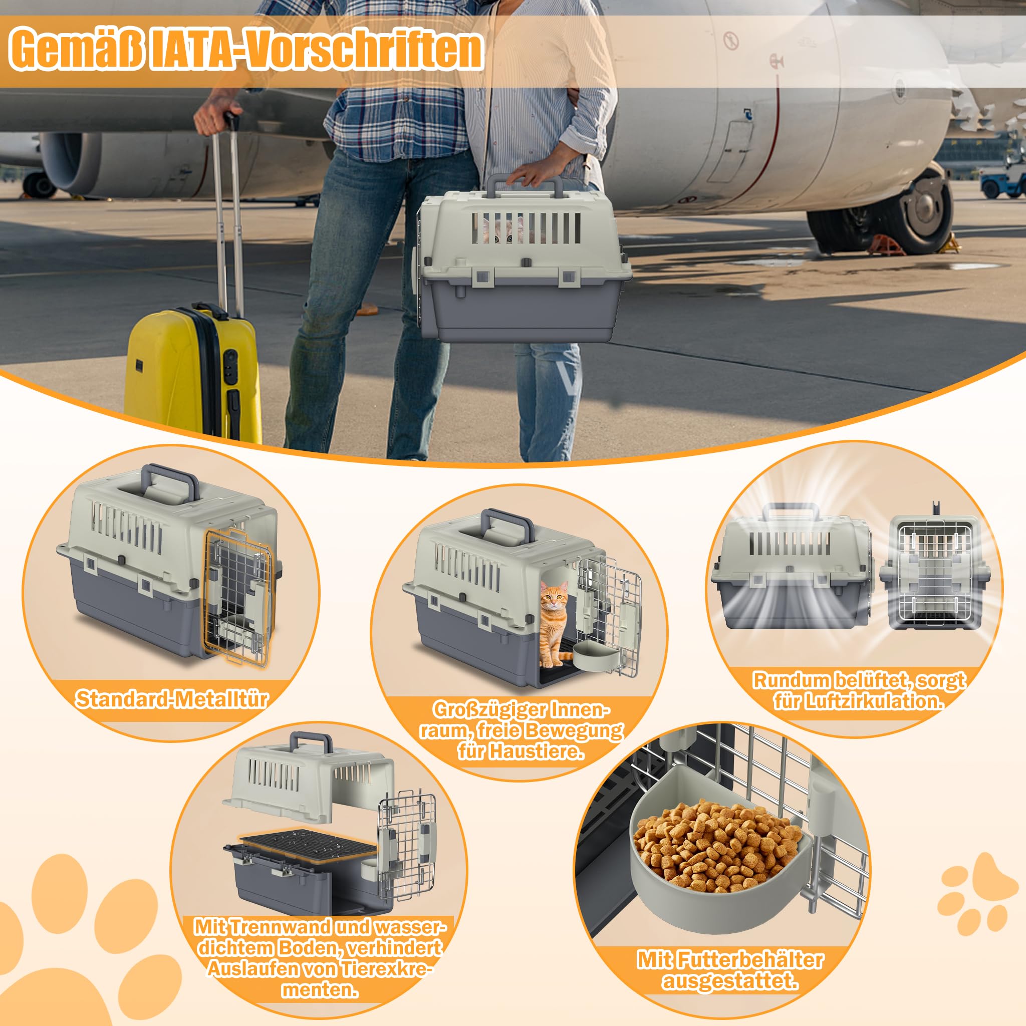 XMTECH Hundetransportbox Transportbox Flugzeugbox für Tiere, Reisebox für Hunde, mit Sicherheitsverriegelung & Lüftungsgitter, L 60 x B 40 x H 40 cm