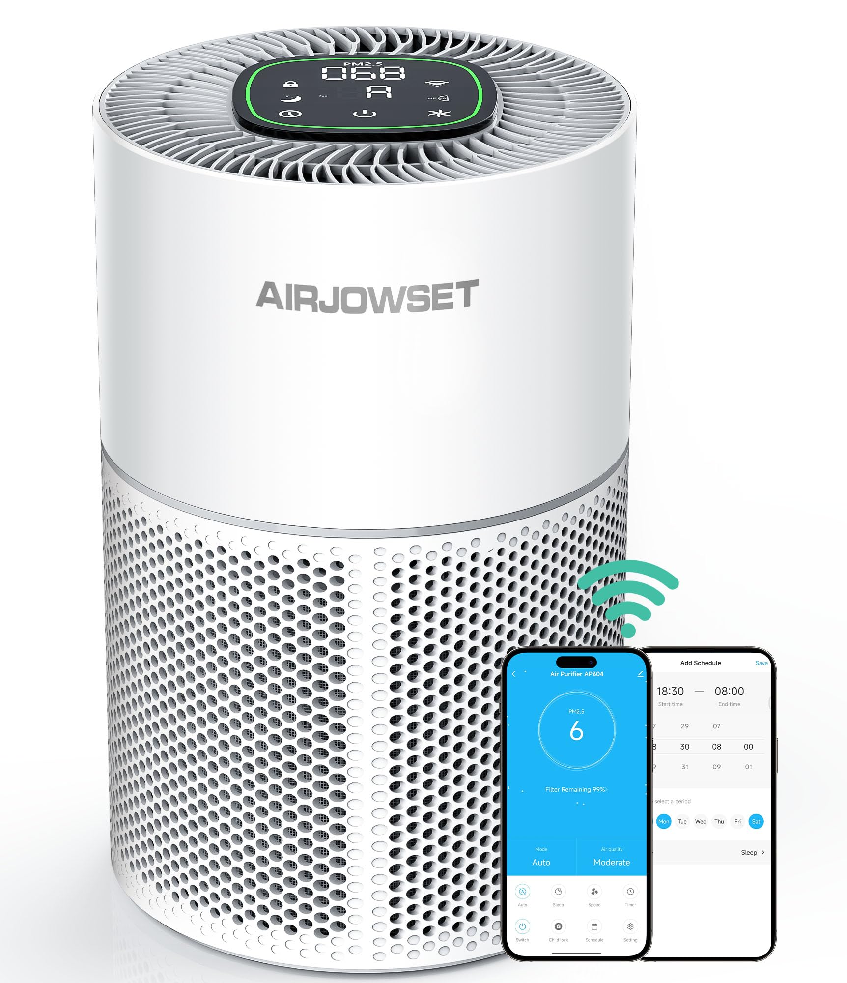 Smart Wi-Fi Air Purifier, AIRJOWSET H13 True HEPA Filter, Air Purifiers for Home Large Room up to 1290 Ft², Air Purifier for Bedroom with PM 2.5 Display for Pet Odor, Dust, Smoke, Wildfire (White)