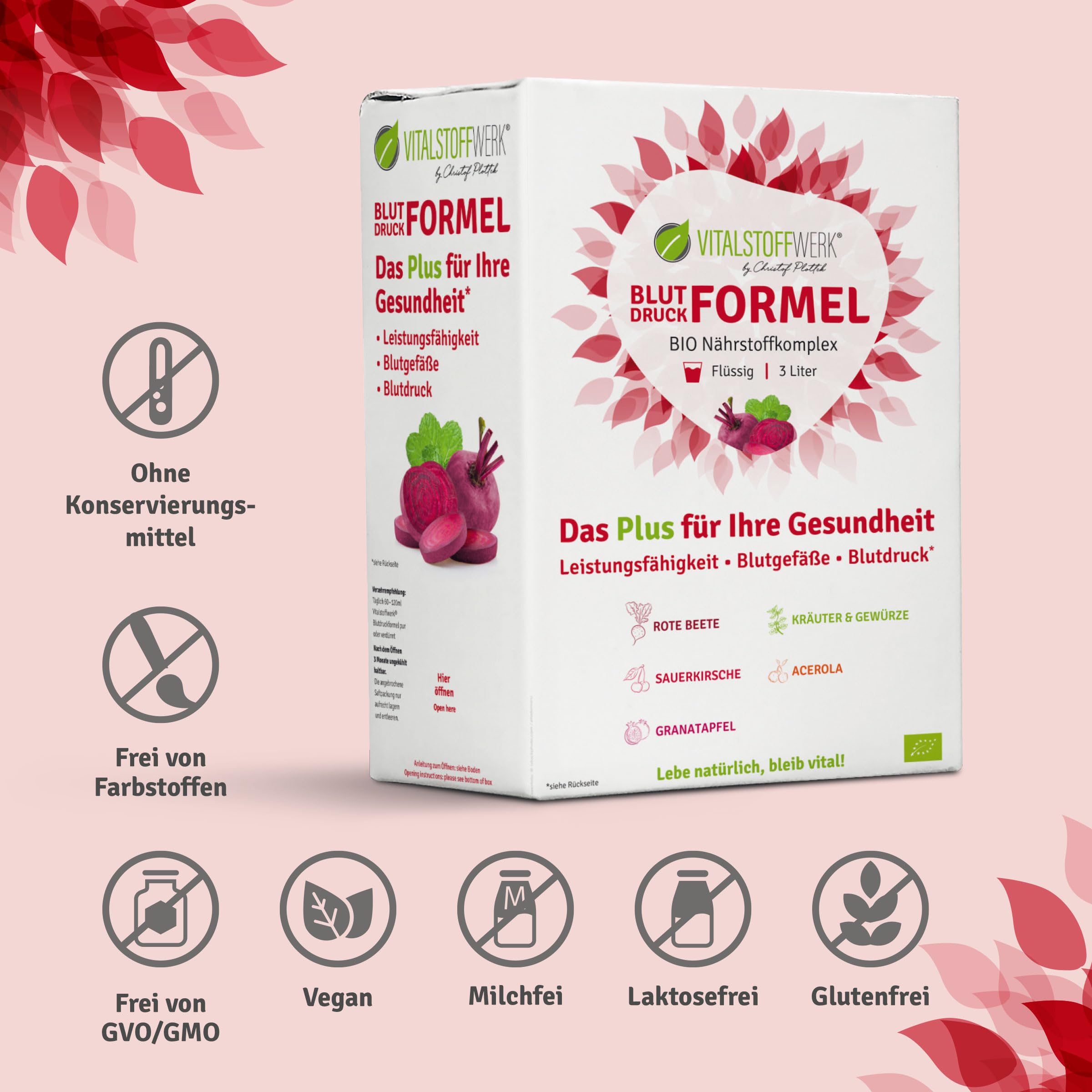 Formuła ciśnienia krwi 3 l witaminy – organiczny kompleks składników odżywczych z potasem, witaminą C, sokiem z czerwonych buraków, wydajność, naczynia krwionośne, ciśnienie krwi