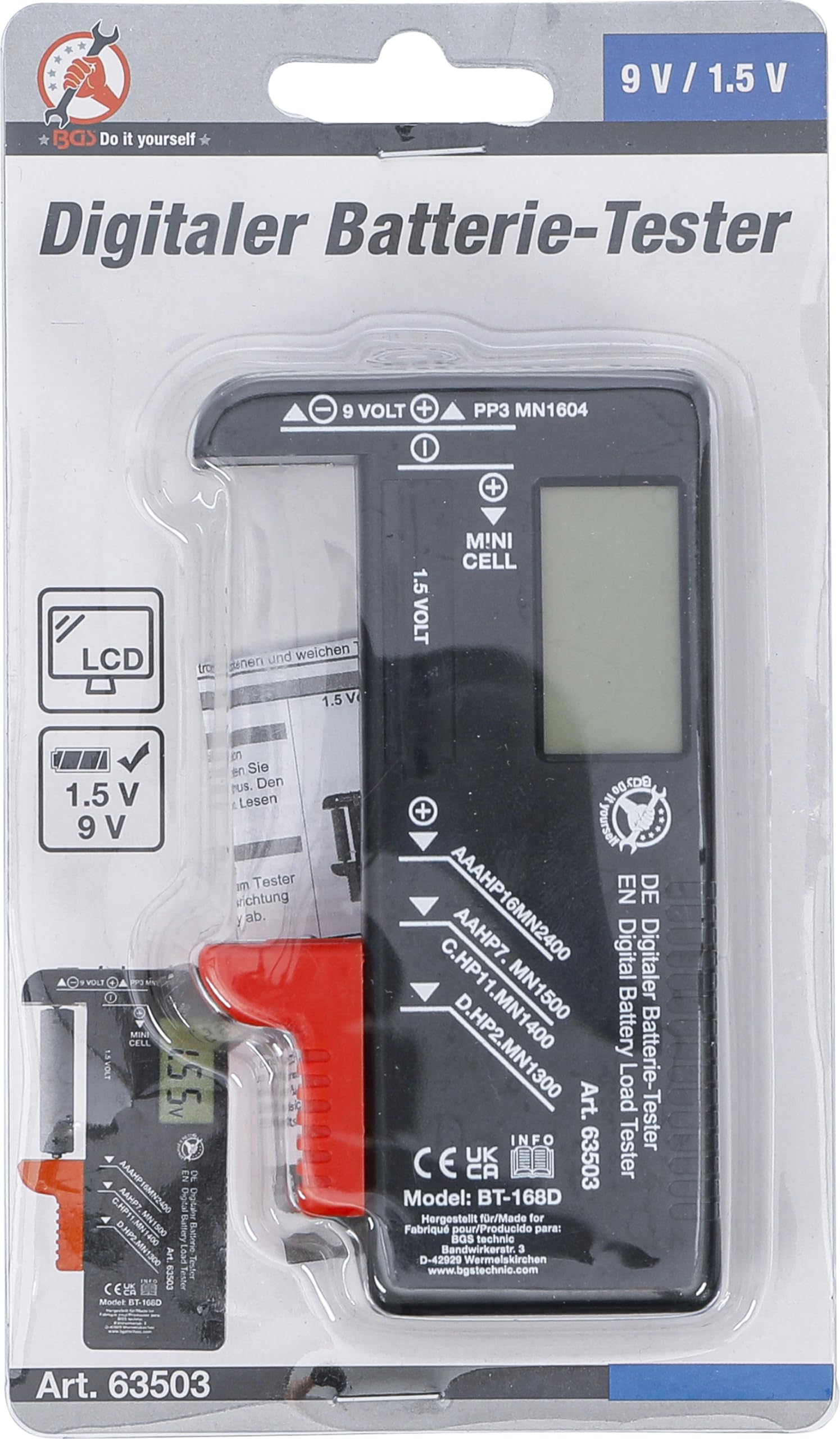 BGS Diy 63503 | Cyfrowy tester akumulatora | 1,5 V / 9 V