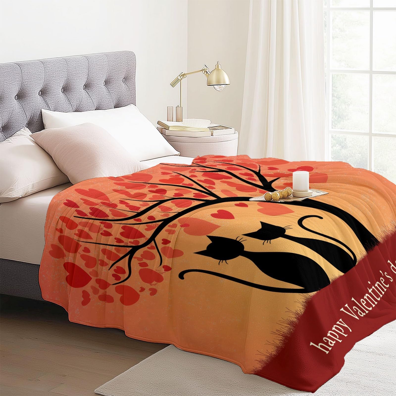 Kuscheldecke Minimalistisch, Rosa Weich & Warme Flanell Sofadecke, Pärchen Schwarze Katze Baum Muster Plüsch Fleece Wohndecke für Teenager Frauen Tochter, 200x200 cm