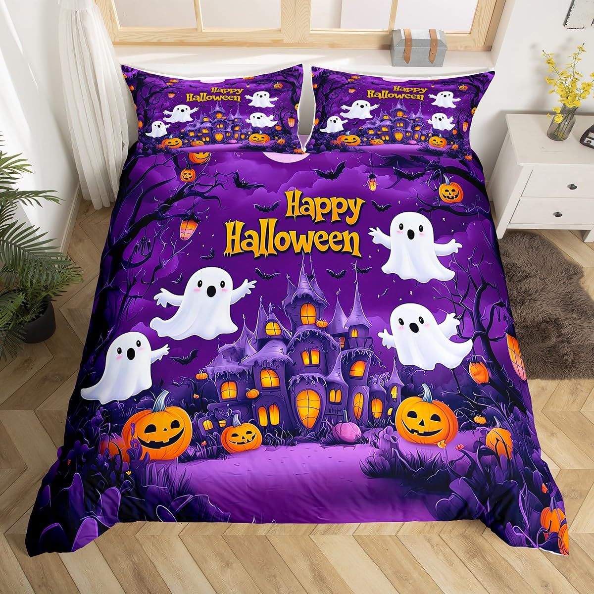 Cute Halloween King Duvet Cover,Spooky Ghost Pumpkin Bat Bedding Set for Kids Halloween Home Decor,Horror Castle Bats Bed Set Funny Halloween Duvet Cover 3Pcs (No Comforter)