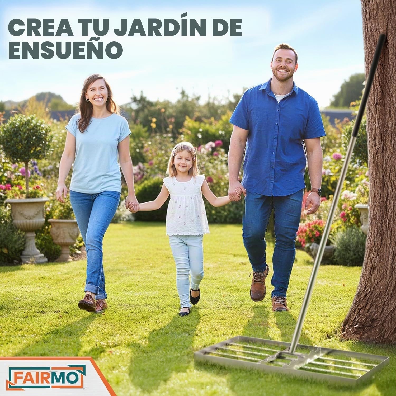La práctica rasqueta para césped de Acero Inoxidable (75 x 35 cm) de Fairmo [para césped Verde Intenso] – Rasqueta para césped con Mango de 2 Metros – Cuidado del césped con rastrillo de nivelación –