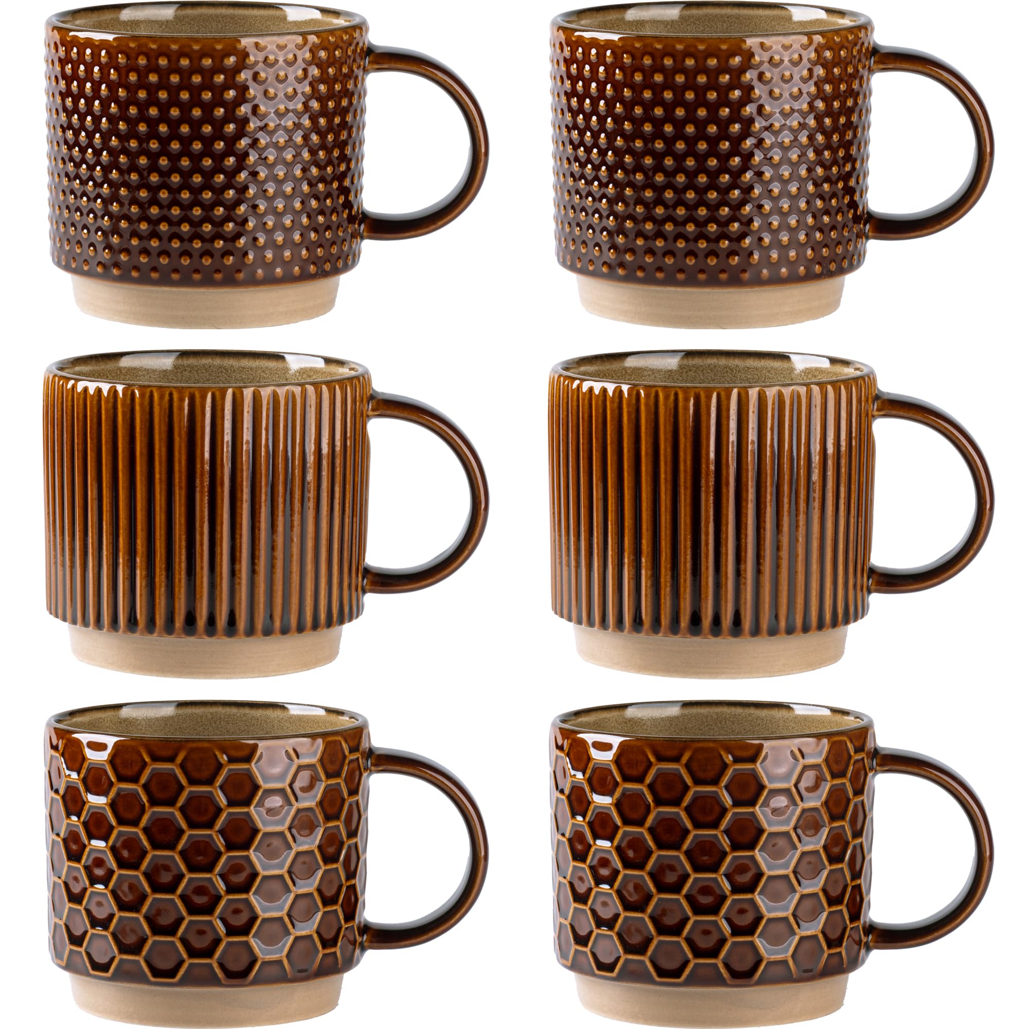 GBhome 12 OZ Stackable Coffee Mugs Set of 6, Ceramic Coffee Mugs with Texture Patterns for Man,Woman,Dad,Mom, Modern Coffee Cups for Latte/Cappuccino/Cocoa. Dishwasher&Microwave Safe