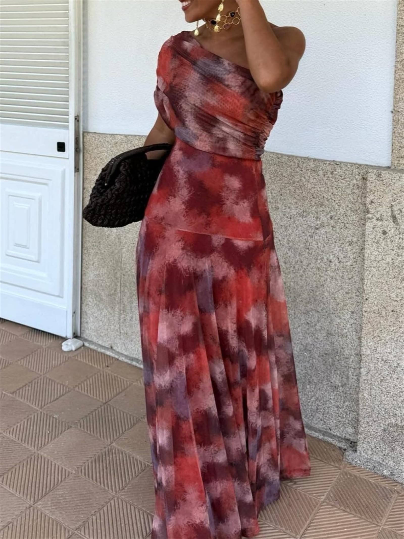 Abito Lungo Aderente da Donna Sexy con Spalle Scoperte, in Chiffon, svolazzante, Casual, per Feste, Matrimoni, Senza Maniche, Plissettato