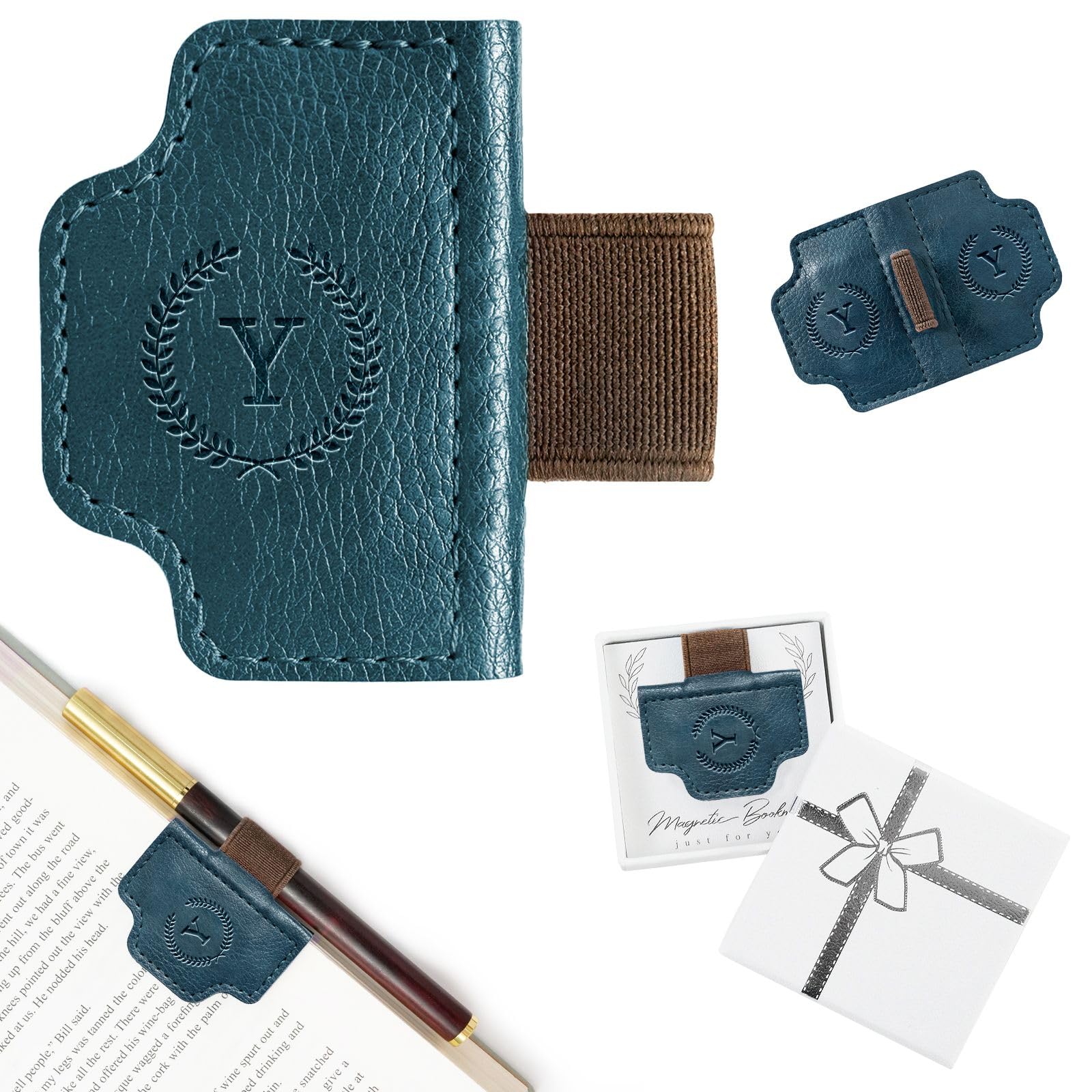 BygoneMark Marque-page magnétique personnalisé en cuir avec porte-stylo – Gravure initiale personnalisée – Cadeau unique pour les amateurs de livres, les lecteurs, les voyageurs – Marque-page en cuir