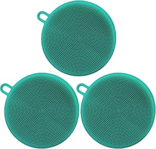 Silicone Sponges Dish Scrubber, Multi-Purpose Kitchen Sponge for Household Cleaning, Best for Nonstick Pots and Pans, Potato Vegetable Fruit Cleaner (3, Silicone Sponge Round Cyan)