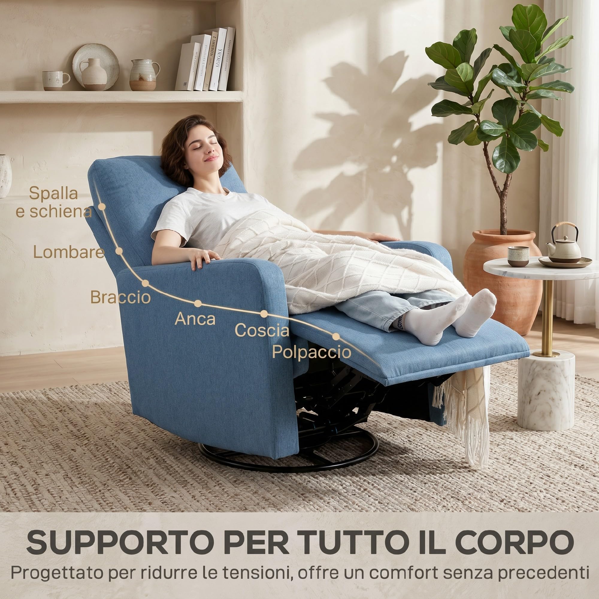 HOMCOM Poltrona Relax Reclinabile Manuale con Poggiapiedi, Seduta Ampia, Poltroncina Imbottita Girevole con Funzione Dondolo, in Tessuto Effetto Lino per Soggiorno e Salotto, 76x94x100 cm, Blu