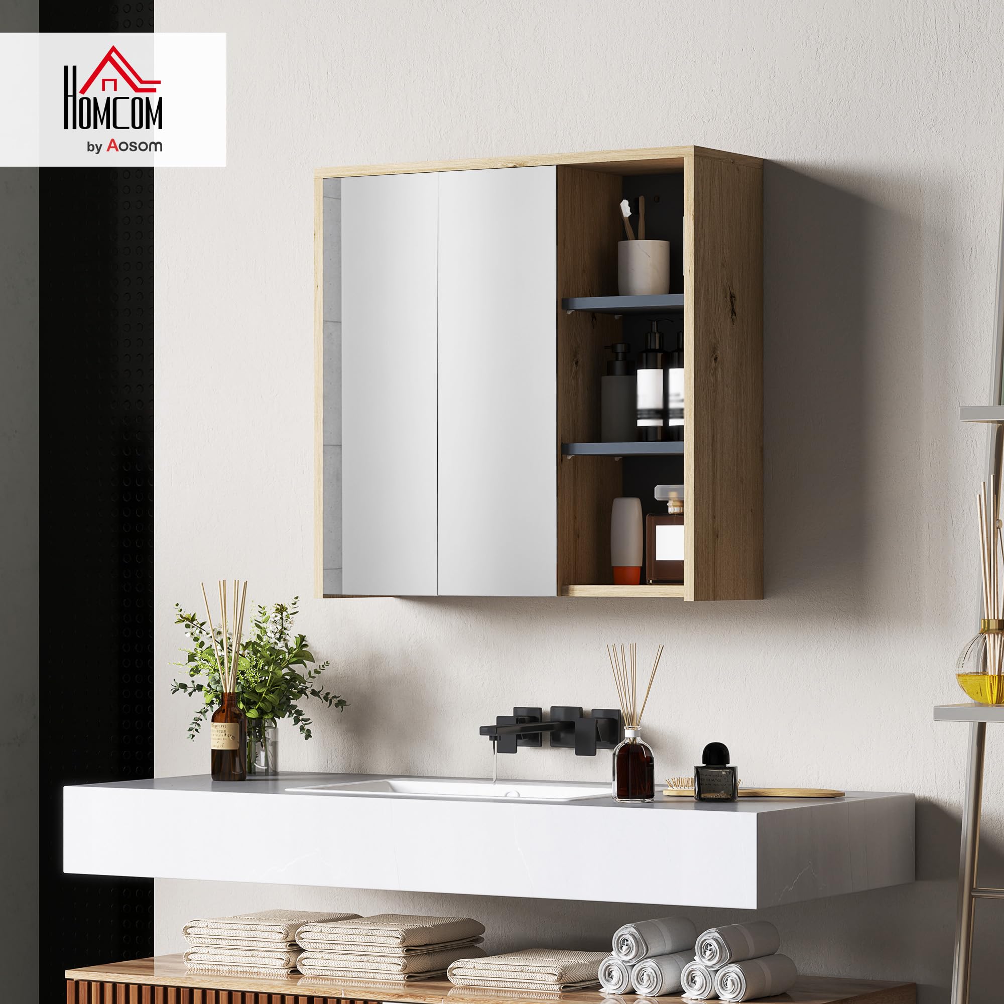 HOMCOM Specchio Bagno Contenitore con 2 Ante Vetro 60x20x60 cm Naturale | Mobile con Specchio, Scomparto Aperto, Mobiletto da Parete Salvaspazio, Specchiera Bagno