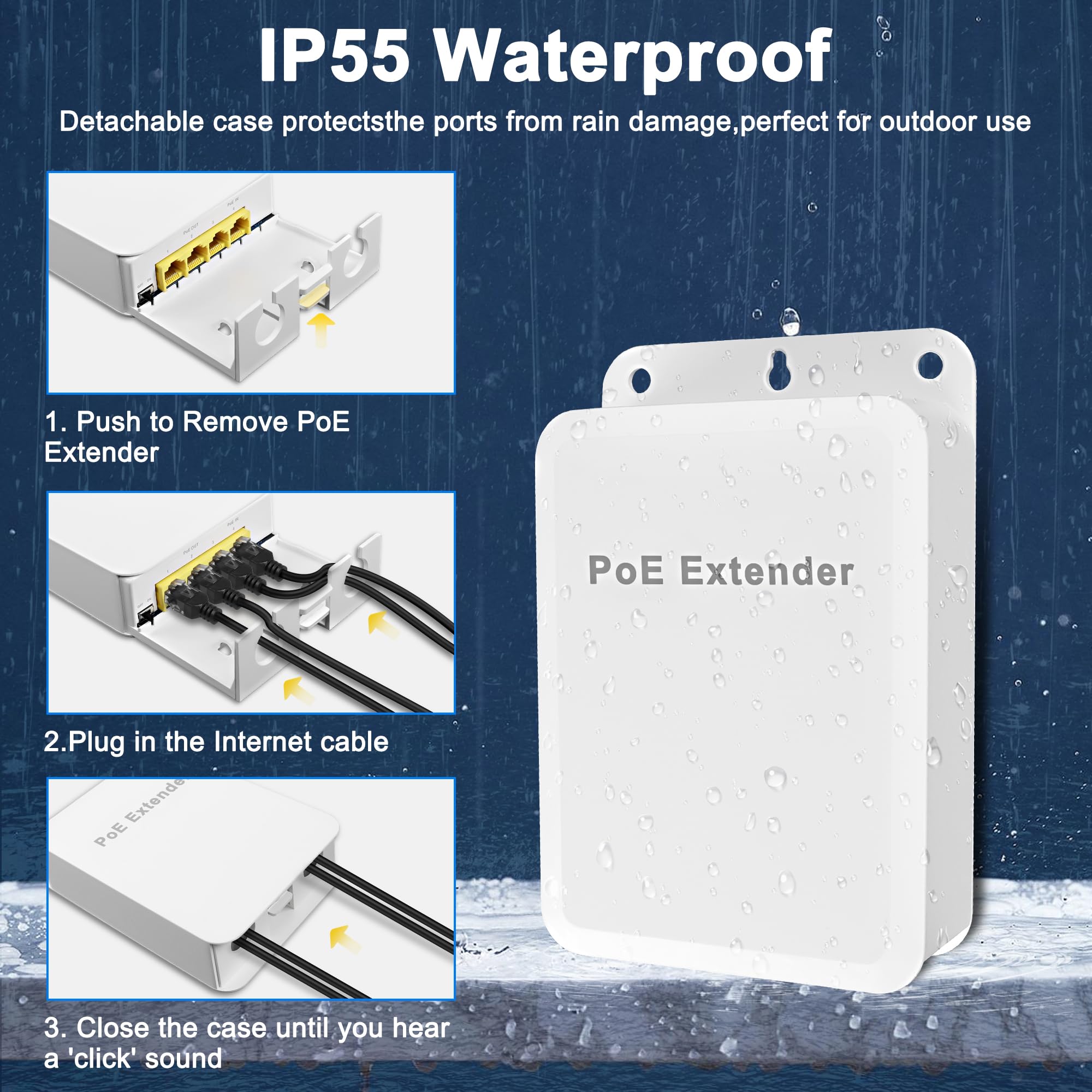 MEIRIYFA Gigabitowy przedłużacz zewnętrzny 4-portowy przełącznik PoE IEEE 802.3 af/at, 1000 Mb/s 1 PoE w 3 wyjścia, wodoodporny 30 W 100 m mocy i danych do wtryskiwacza PoE
