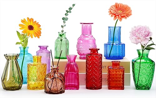Jarrones de cristal de 12 piezas, juego de jarrones coloridos de brote, florero vintage de decoración pequeña, jarrones de flores de colores para