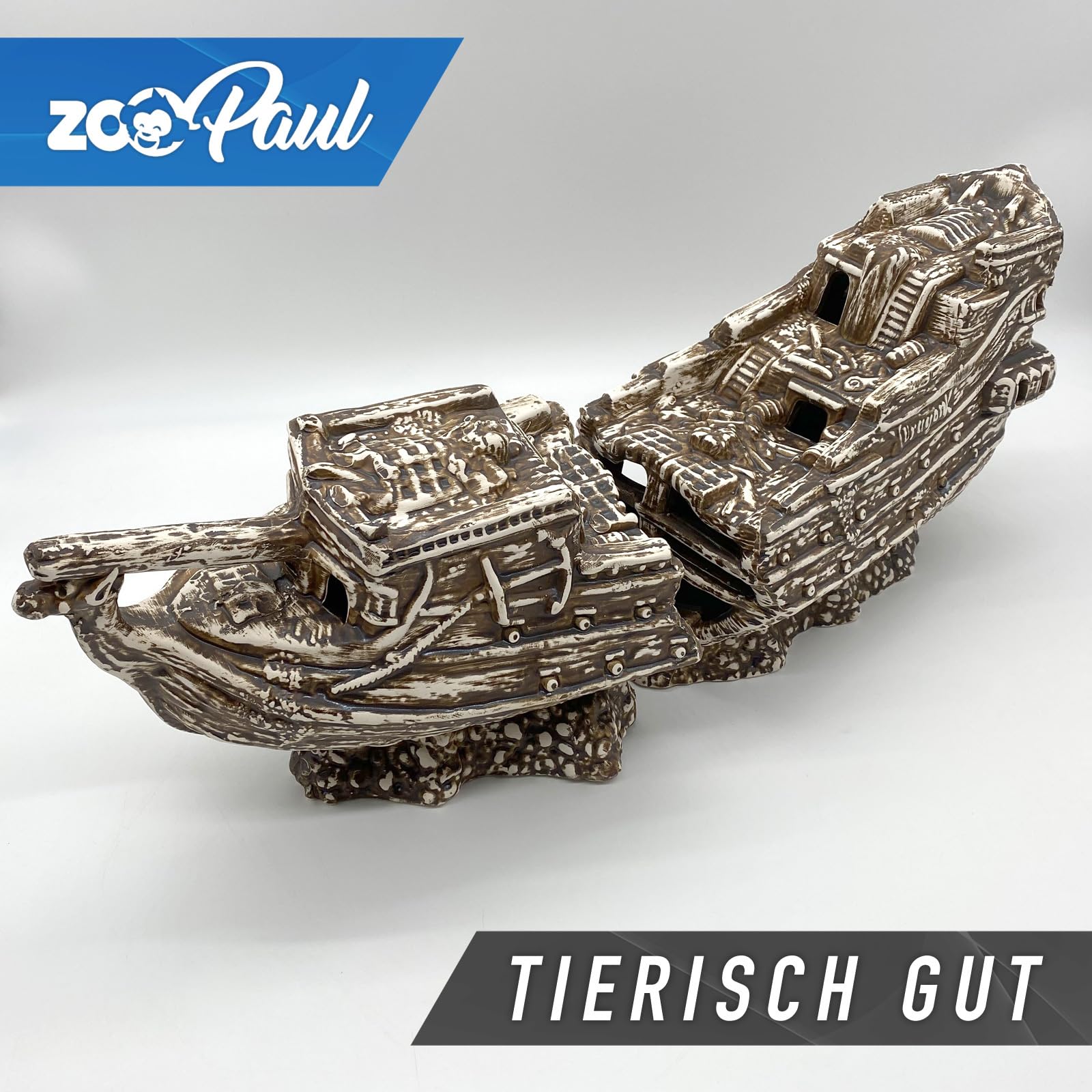 ZooPaul Deko Aquarium Boot 2 teilig RIESIG XXL Höhle Wrack Fische Keramik Dekoration Schiff Neuware
