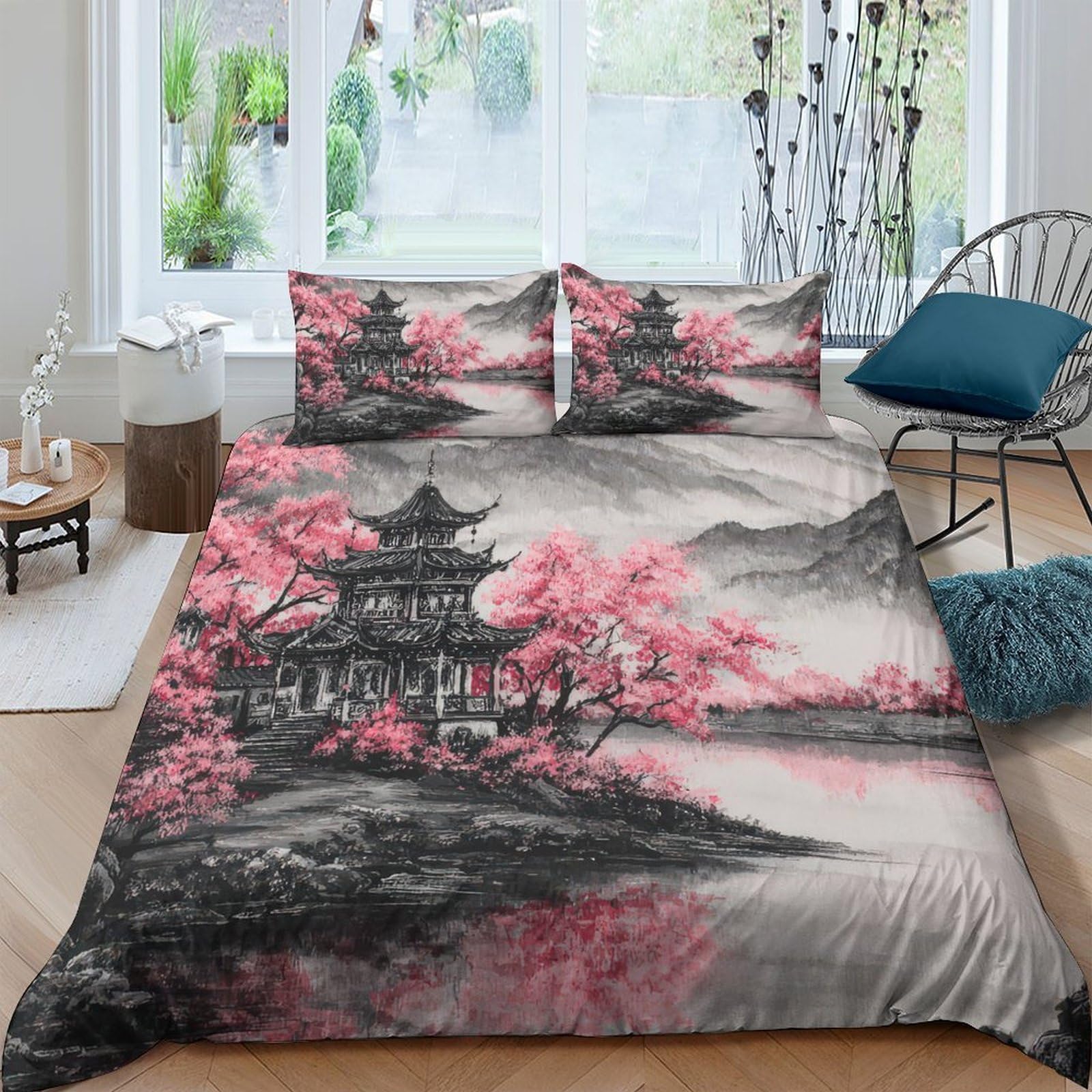 Ctjqhvkz Style-8 3D Printed Japanese Pagoda Fitted Sheet Microfiber Soft Pink Sakura Landscape Mattress Cover For Bedroom Guest Room Decor Single（135X200cm）