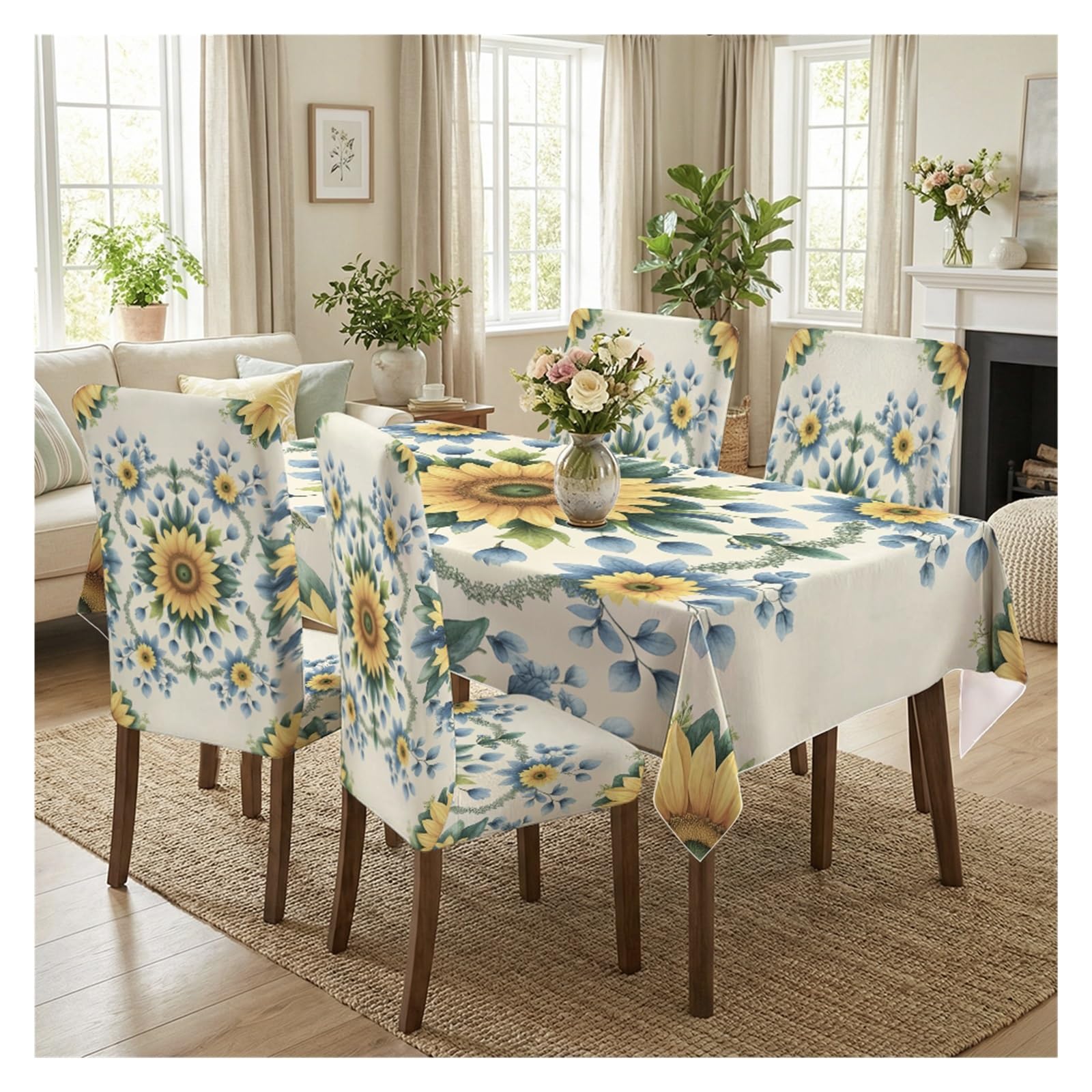 BOSUYBN Sunny Sunflower Dining Set Covers, 5/7 Piece Tablecloth With Matching Chair Slipcovers For Bright And Cheerful Interiors Table Setting(5pcs Set: Tablecloth+Chair Covers)