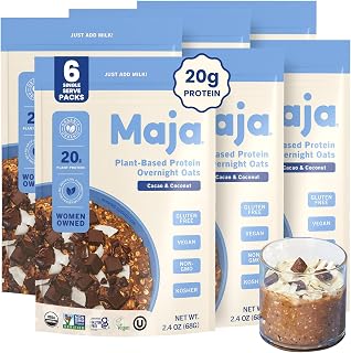 Maja Cacao & Coconut Overnight Protein Oats 2.4 oz Single-Serve Pouches | High Protein Overnight Oats, Gluten Free, Plant-Based | Rich Cacao with Toasted Coconut | Just Add Milk or Plant Milk