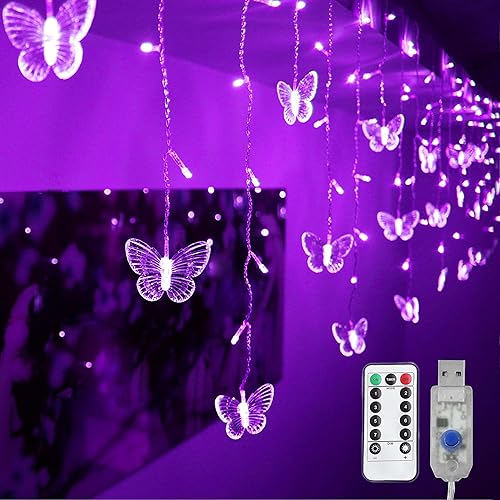 Decorman - Luces de cortina de mariposa, 120 luces LED para ventana, 24 modos de mariposa, 8 modos, luces parpadeantes alimentadas por USB con