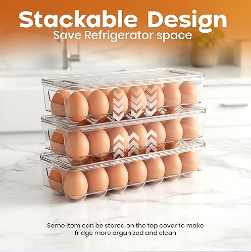Miniatura 6 de Utopia Home Recipiente para huevos con tapa y asa para refrigerador, paquete de 1, soporte para huevos apilable transparente para almacenamiento y