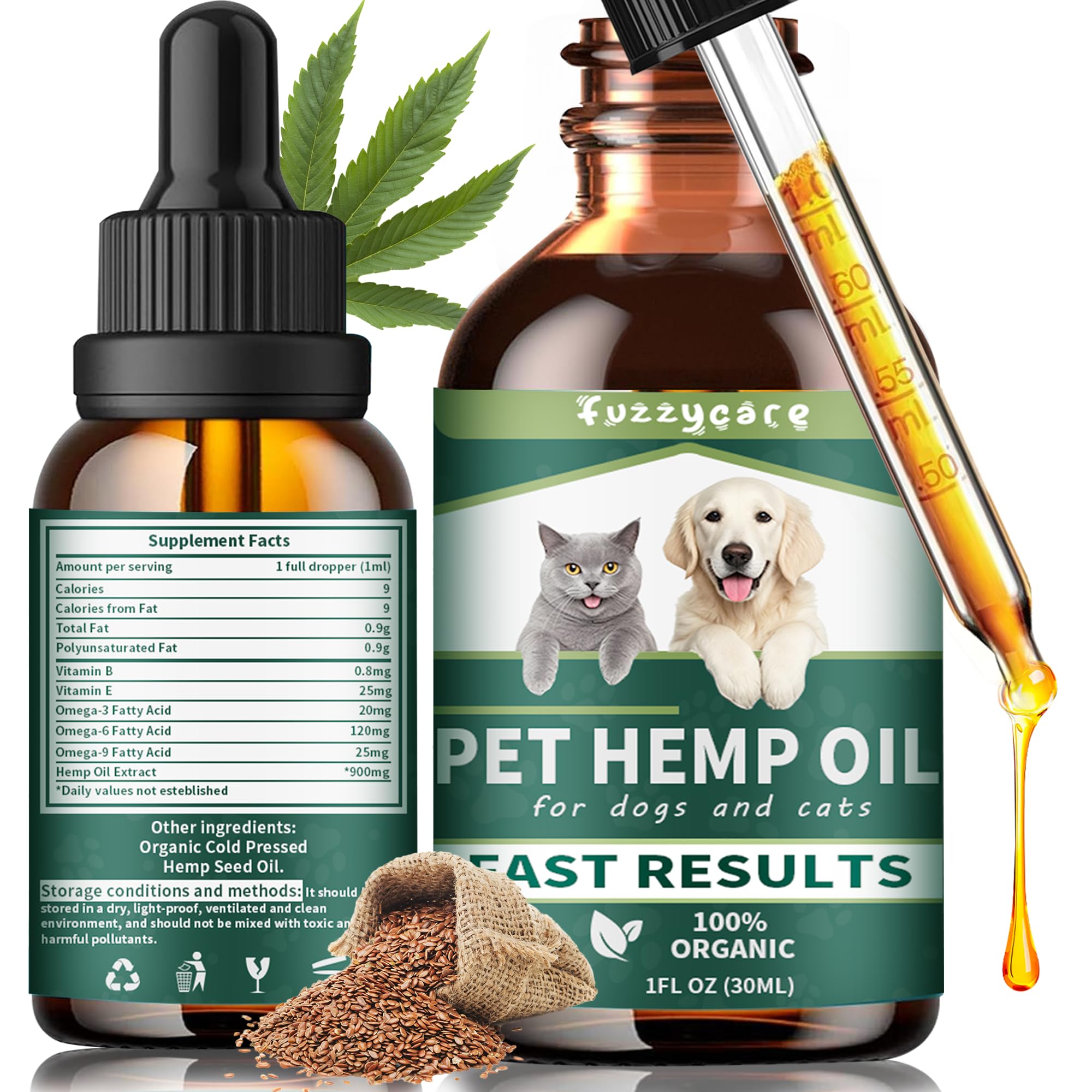 FUZZYCARE Hemp Oil for Dogs & Cats, Anxiety & Stress Relief Drops with Omega 3-6-9,Hemp Oil Helps with Pain, Stress, Sleep, Arthritis, Seizures Support, Calming Pet Supplement for Small & Large Pets