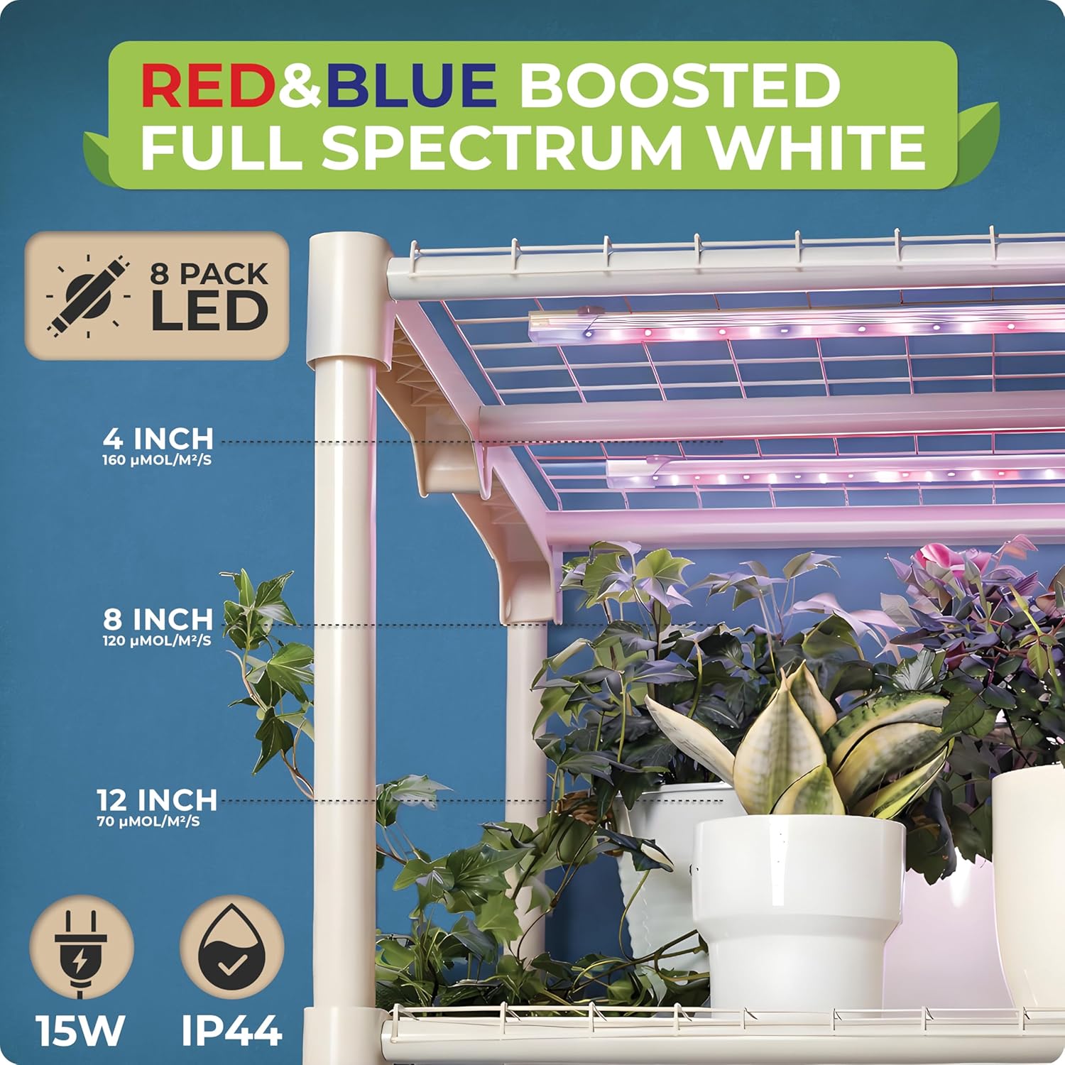 Carpathen Indoor Greenhouse with Grow Lights - 4 Tiers 27.2"L x 19.3"W x 54"H with 8 Dimmable 15W Full Spectrum LED Light Strips and Spectrum Control - Mini Greenhouse with Waterproof Zipped PVC Cover