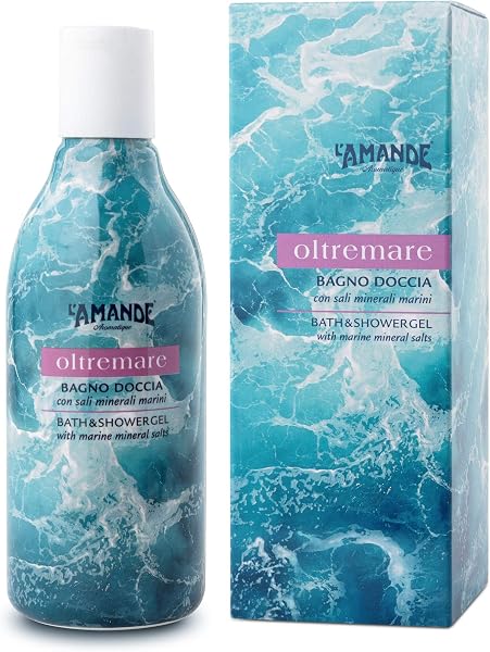 L'AMANDE - Bagnoschiuma Donna Fresco con Sali Minerali e Acqua di Mare, Docciaschiuma Gel Detergente e Idratante Corpo ad Azione Emolliente, Bagno Schiuma Delicato e Naturale - Oltremare 250 ml - 1