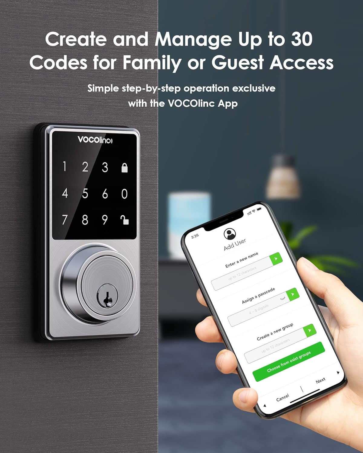 A VOCOlinc TGuard lock next to a smartphone screen showing the 'Add User' interface in the VOCOlinc app for creating passcodes.