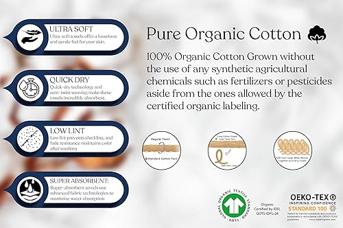 Miniatura 6 de Delara Toallas 100% algodón orgánico de 22.93 ozm de felpa al tacto de secado rápido, paquete de 12 toallas de lavado de algodón orgánico,