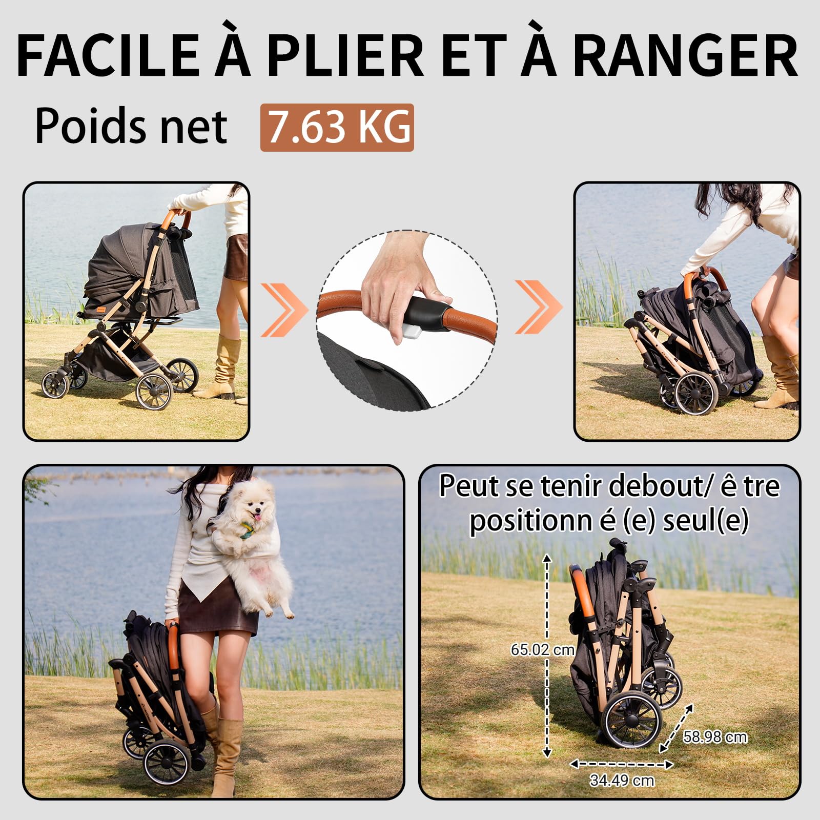 EchoSmile Poussette Pour Chien Pliable en un Bouton, Poussette Chien 20kg Tout Terrain avec Poignée Réversible, Absorption Des chocs et Coussinet Amovible Lavable (Noir)