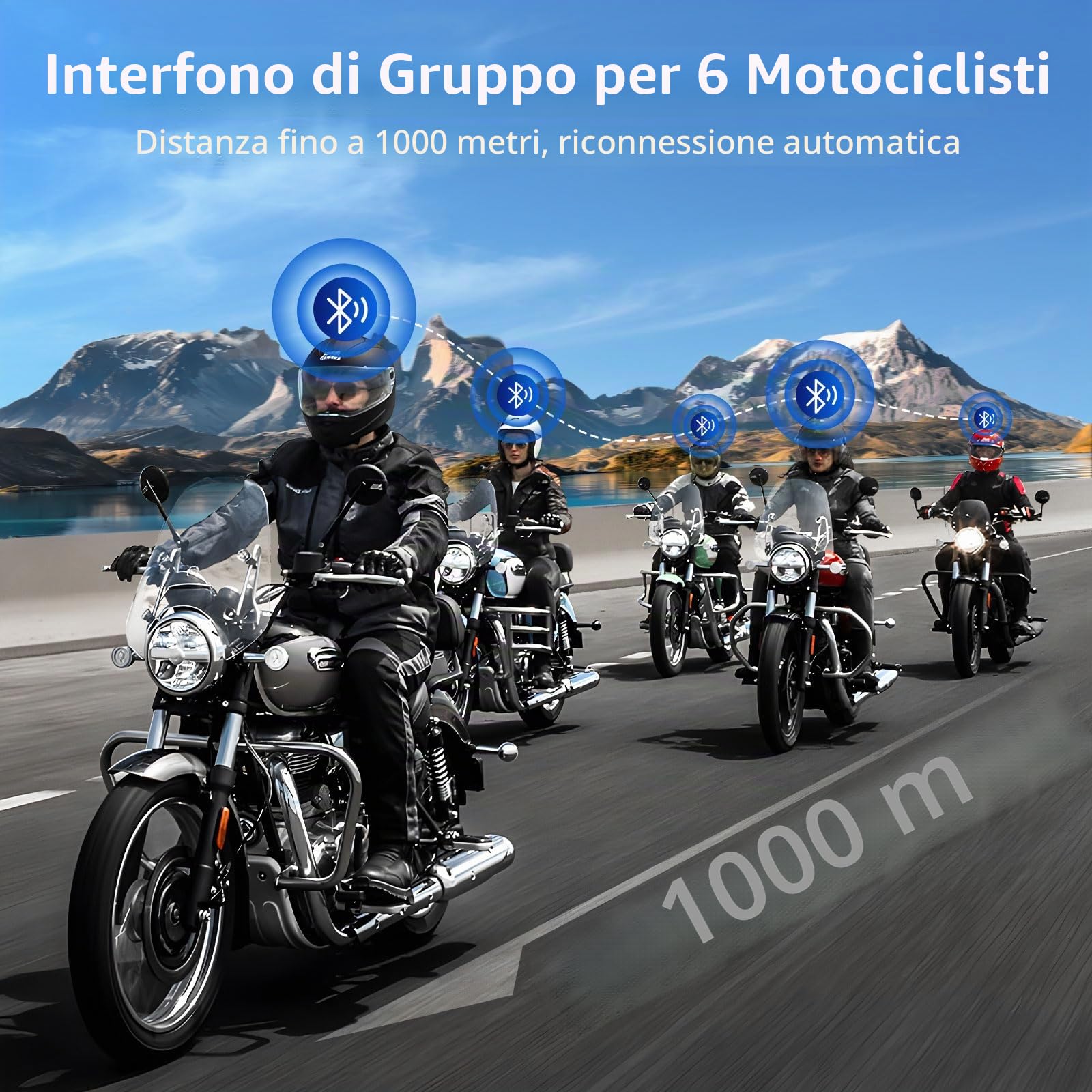 FODSPORTS FX6 Interfono Moto Bluetooth Casco Audio Stereo Hi-Fi CVC Riduzione Rumore Auricolare Per 6 Motociclisti Simultaneo Entro 1000m Mani Libere GPS FM