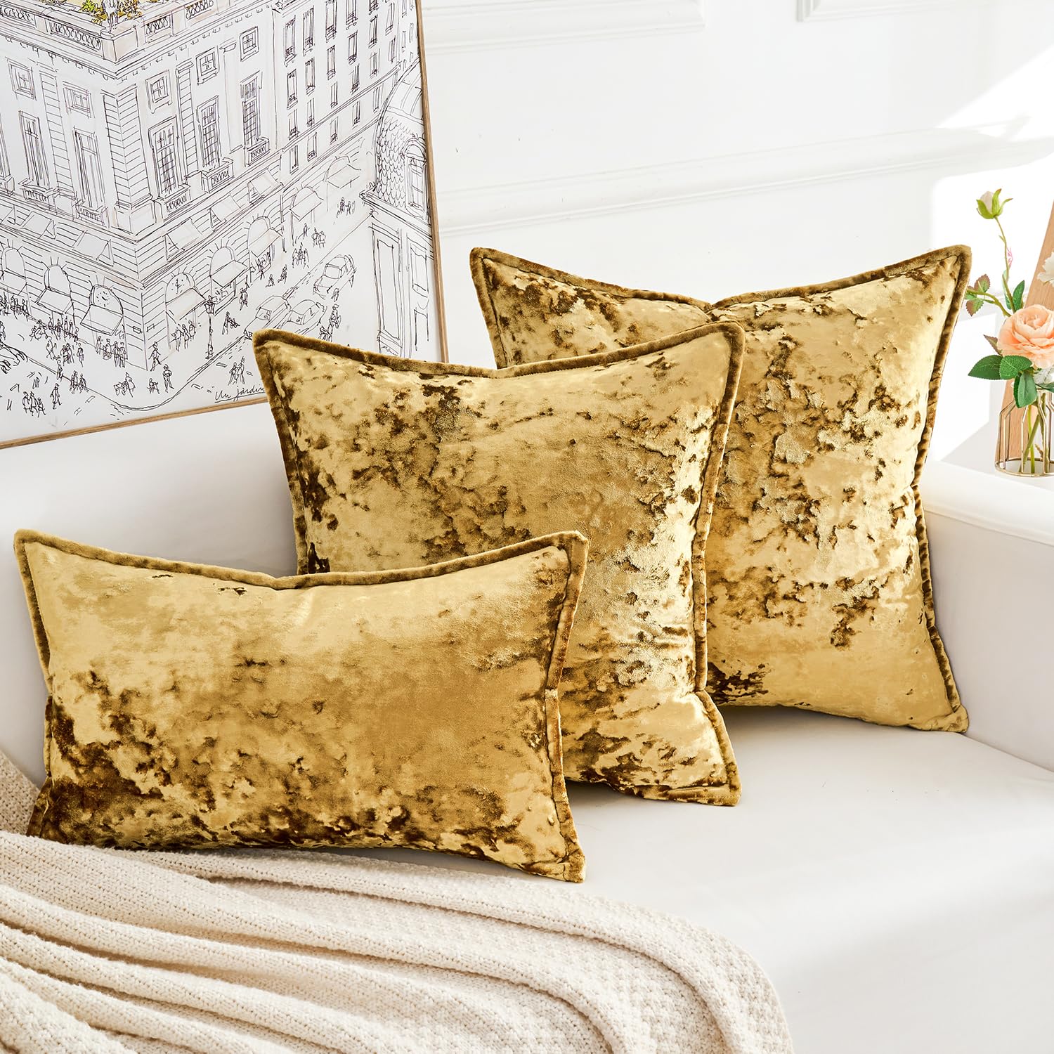 Yonous Premium Series, Crushed Velvet Cushion Covers, Luxury Thick Throw Pillow for Home Decor Gold, 12x20 Inch / 30 x 50 cm