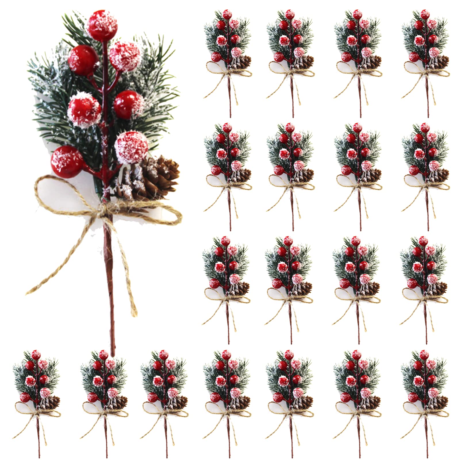 HanOBC 20 Pcs Red Berry Stems Artificial Pine Picks Branches Christmas Floral Picks and Sprays Holiday Winter Floral Picks for Garland Wreath Xmas Decor 15cm/5.9inch