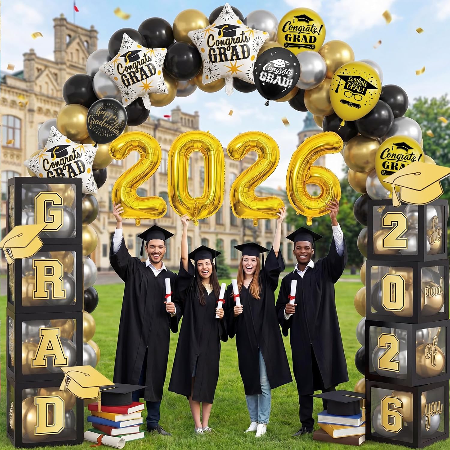 Black Gold Graduation Balloon Boxes Decorations GRAD So Pround of You Letters with 2026 Number Balloons Star Foil Black Gold Silver Latex Balloons Congrats Party Backdrop College Celebrations