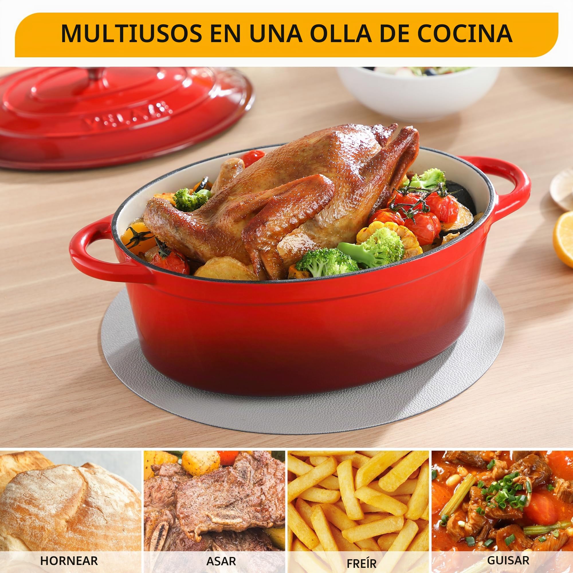 Velaze - Olla de Hierro Fundido Esmaltado con Tapa para Inducción, 30 cm, Brasea, Buen Sellado, Olla de Sopa, Revestimiento Antiadherente, Diámetro de 30 cm