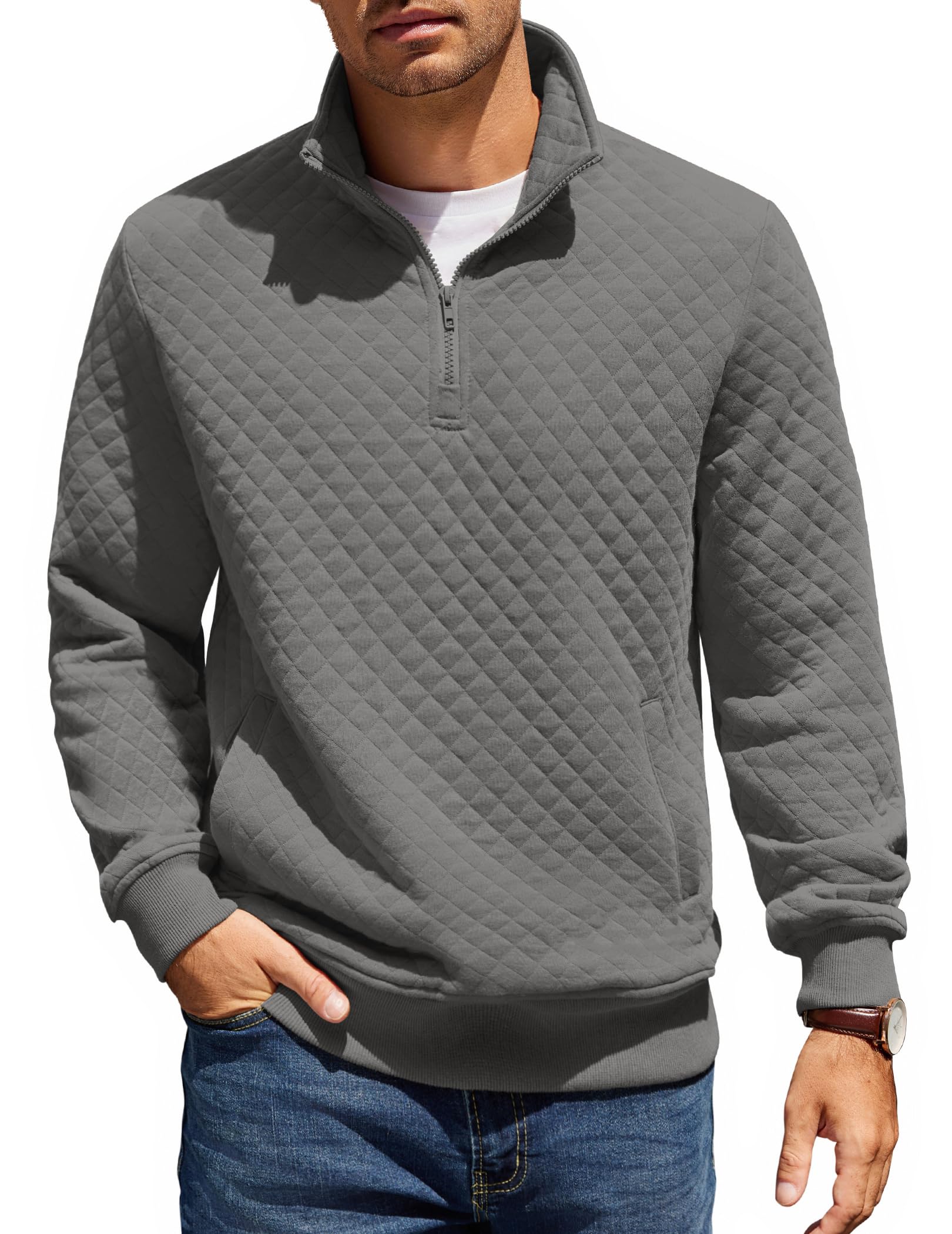 COOFANDY Herren Zip Neck Sweatshirt Stehkragen Pullover mit Reißverschluss Regular Fit Winter Warm Sweater mit Taschen