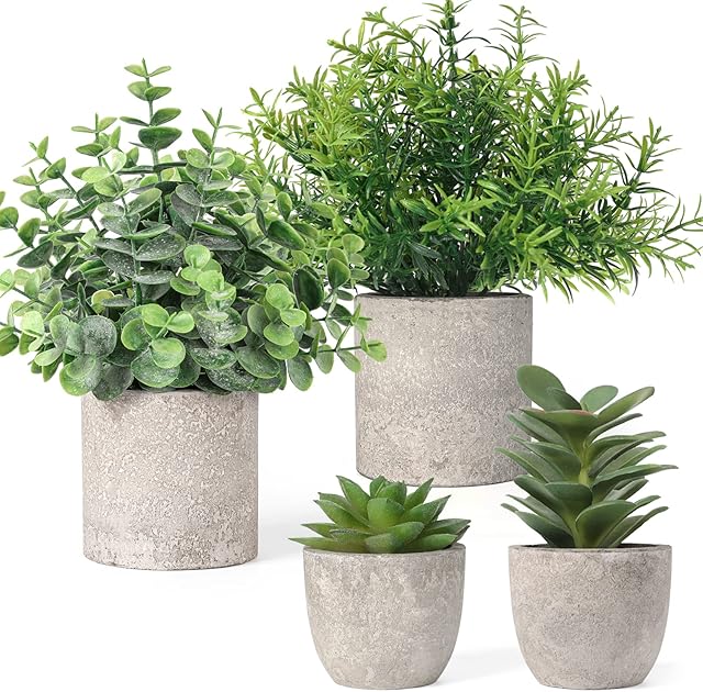 FIAHOSEY Set of 4 Fake Plant Indoor, Artificial Potted Eucalyptus Rosemary Mini Succulents Faux Plants in Paper Pulp Pots for Home Decor Living Room Bedroom Desktop Bookshelf Decoration (Group 1)