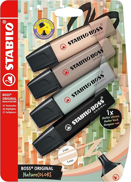 STABILO Boss Original NatureCOLORS zakreślacze do zaznaczania tekstów, 4 sztuki w opakowaniu, beżowy, ciepły szary, zielony, czarny