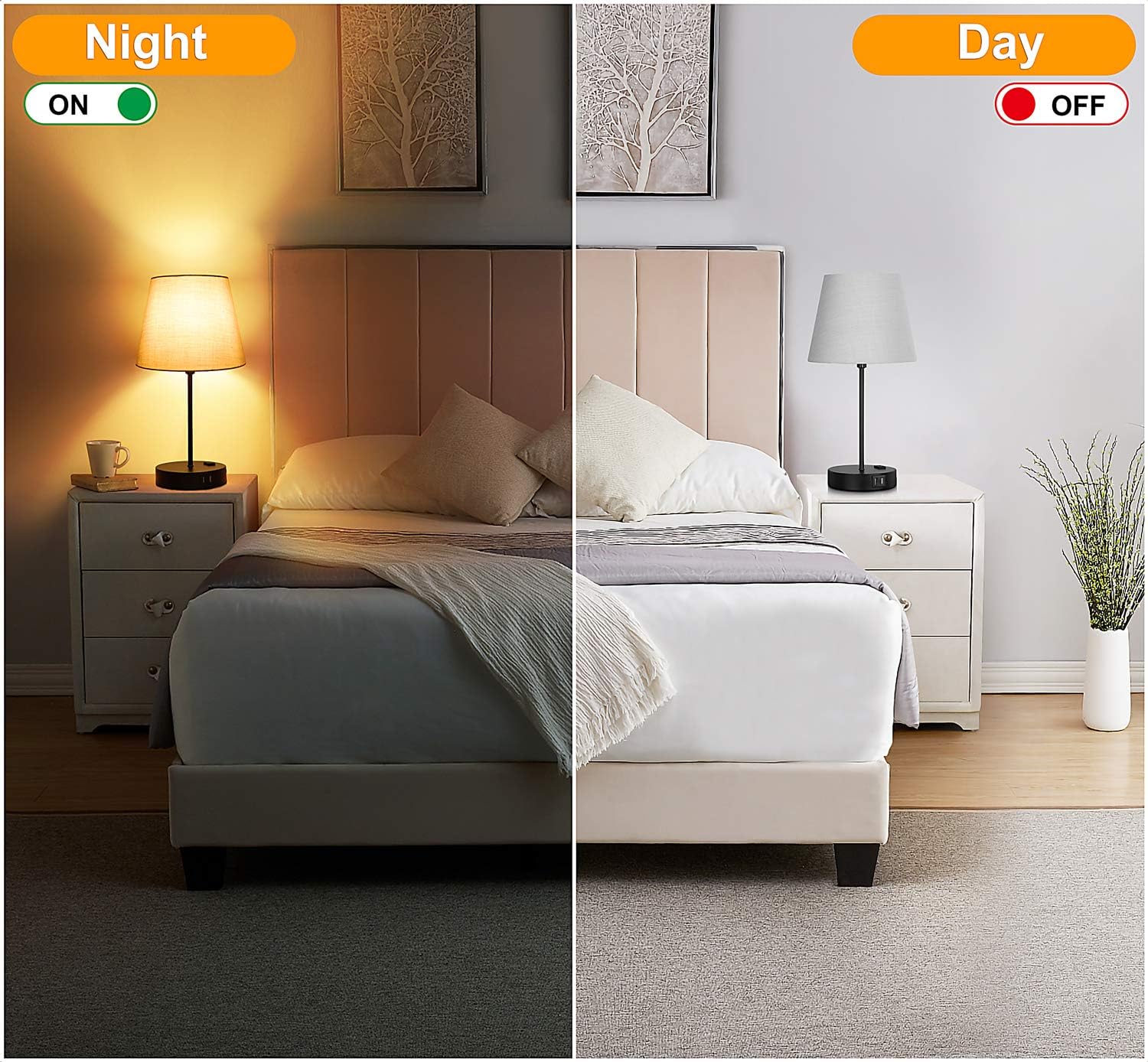 Touch Control Bedside Table Lamp, 3 Way Dimmable Modern Nightstand Lamps with Dual USB Charging Ports & AC Outlet, Grey Fabric Shade Desk Reading Lamp for Bedroom Living Room, 6W LED Bulb Included