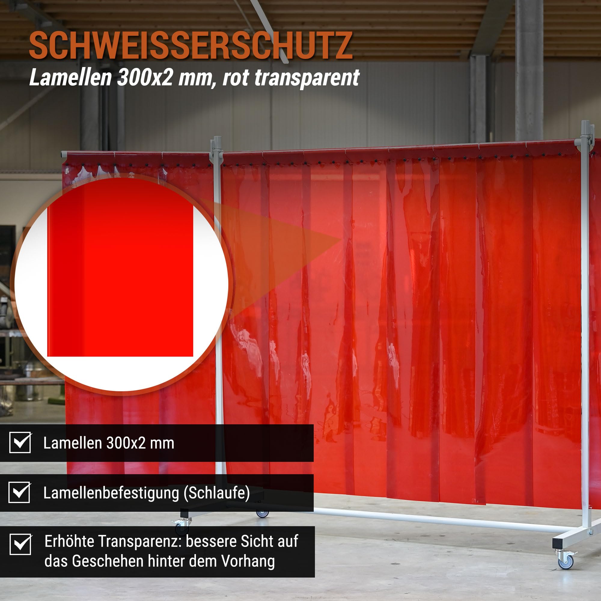 mobile & fahrbare Schweißschutz Stellwand, 3-teilig, B370 x H210cm, extra robust, mit Lamellen rot, Schutzwand nach EN ISO 25980