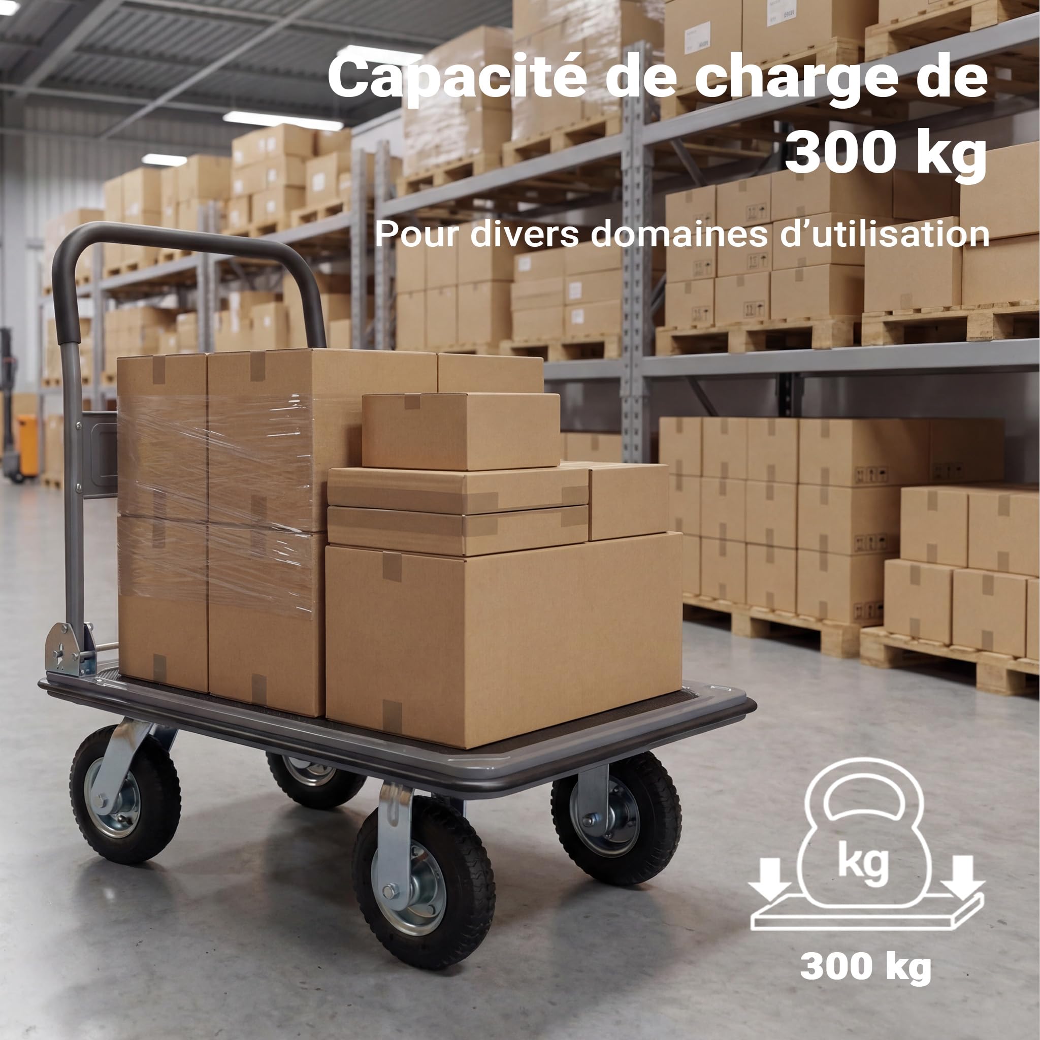 Chariot à Plate-Forme 300kg Max 4 Roues Poignée Rabattable Protection Bordure Surface antidérapante