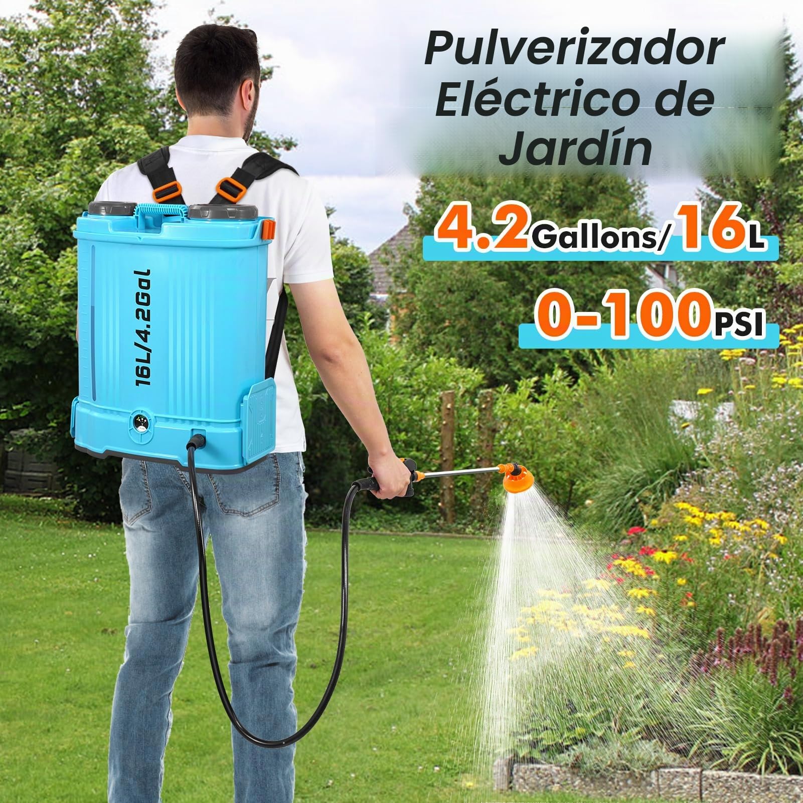 Viugreum 16L Pulverizador de Mochila Eléctrico, 21V Pulverizador de Jardín Eléctrico con 7 Boquillas de Nebulización, Lanza Telescópica y Correa Ajustable para Riego, Irrigación y Mantenimiento