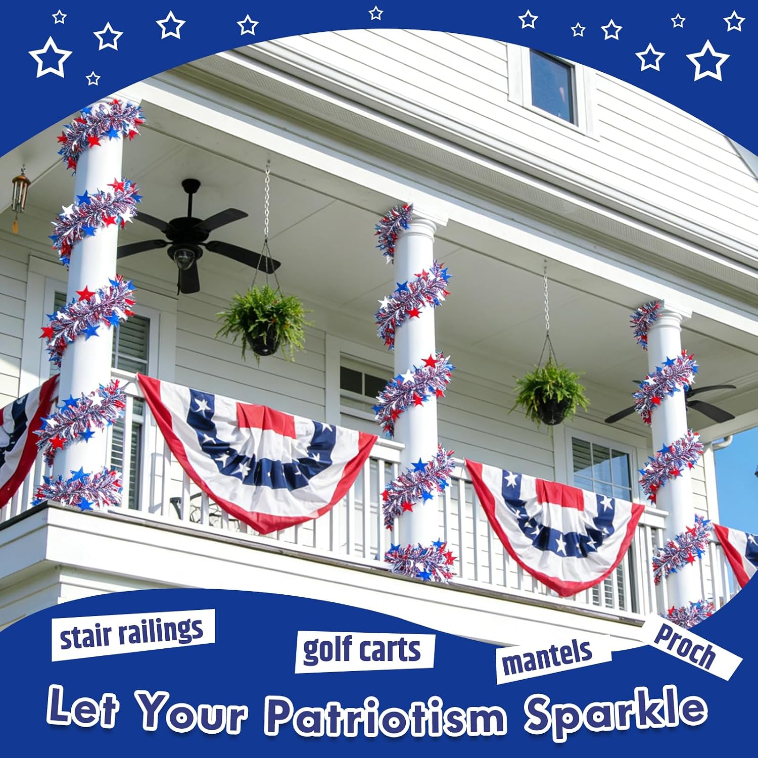 33Ft 4th of July Tinsel Garland, Red White Blue Glitter Star Glitter Tinsel, Patriotic Decorations Versatile for Parade Golf Cart Tree Fireplace Indoor Outdoor Party Home Decor