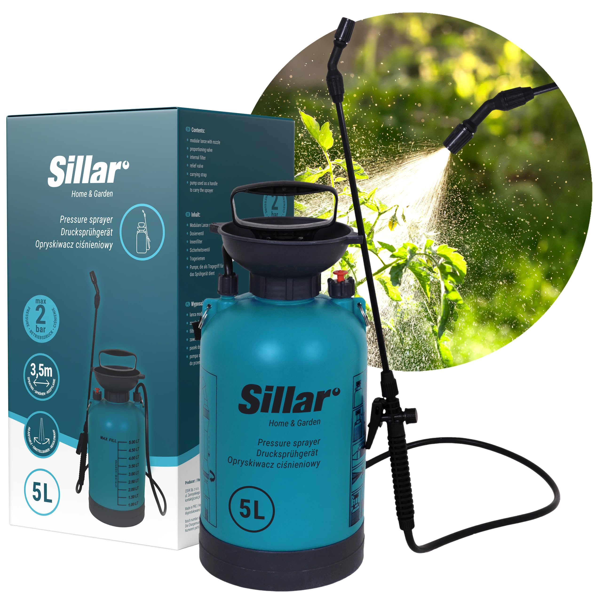 Sillar 5L Drucksprüher mit Verstellbarer Lanze & Sicherheitsventil | Universelle Sprühflasche für Garten, Haushalt, Reinigung, Schädlingsbekämpfung & Pflanzenschutz, verstellbare Düse