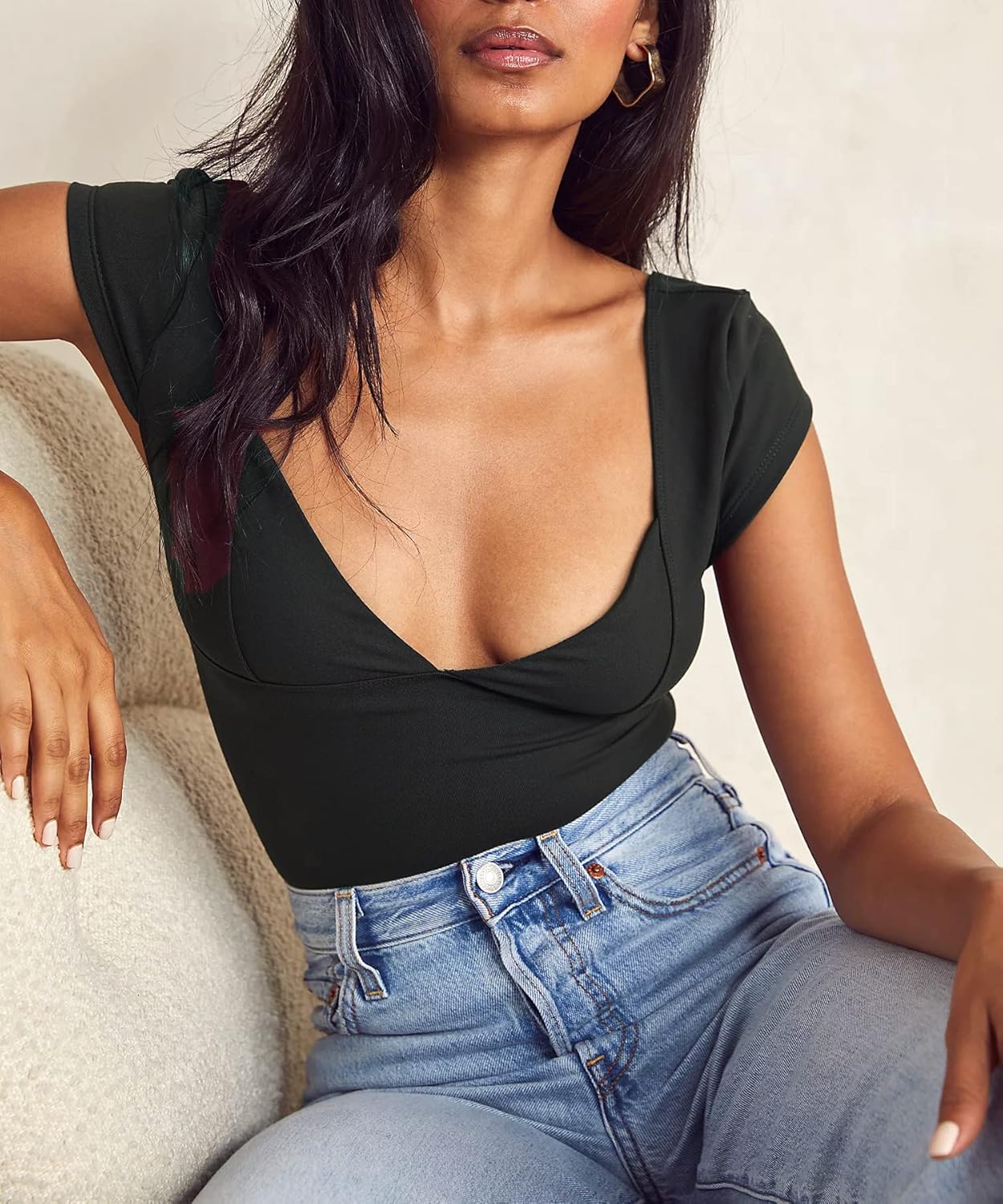 Women's Sexy Backless Crop Tank Tops Deep V Neck Short Sleeve T-Shirts Slim Fit Y2K Tops Open Back Cami Tops - Image 4